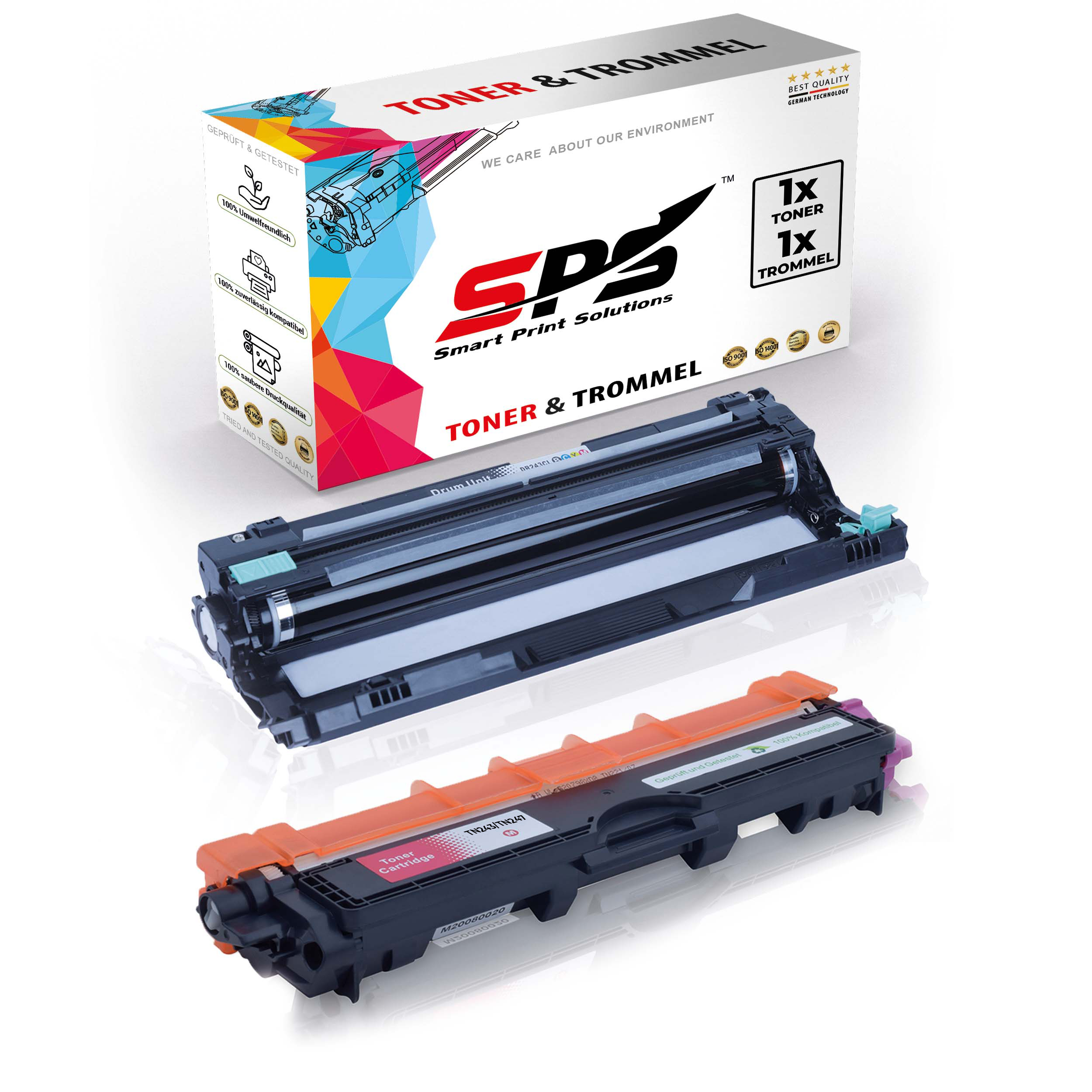 Tonerkartuschen und eine Schachtel. Auf der Schachtel steht 'Toner & Trommel' und die Marke SPS.