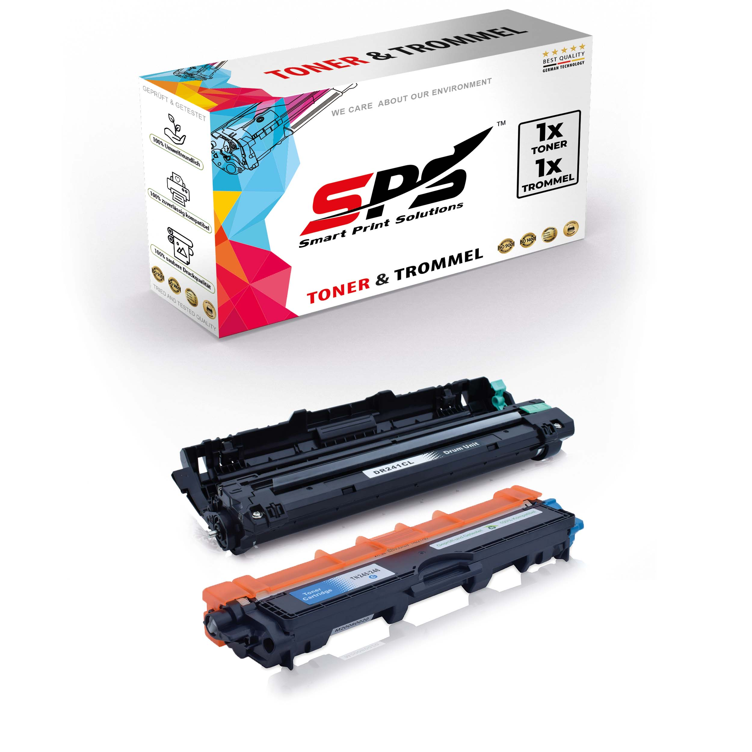 Drucker Toner- und Trommeleinheit. Das Set beinhaltet eine Tonerkartusche und eine Trommeleinheit. Box im Hintergrund.
