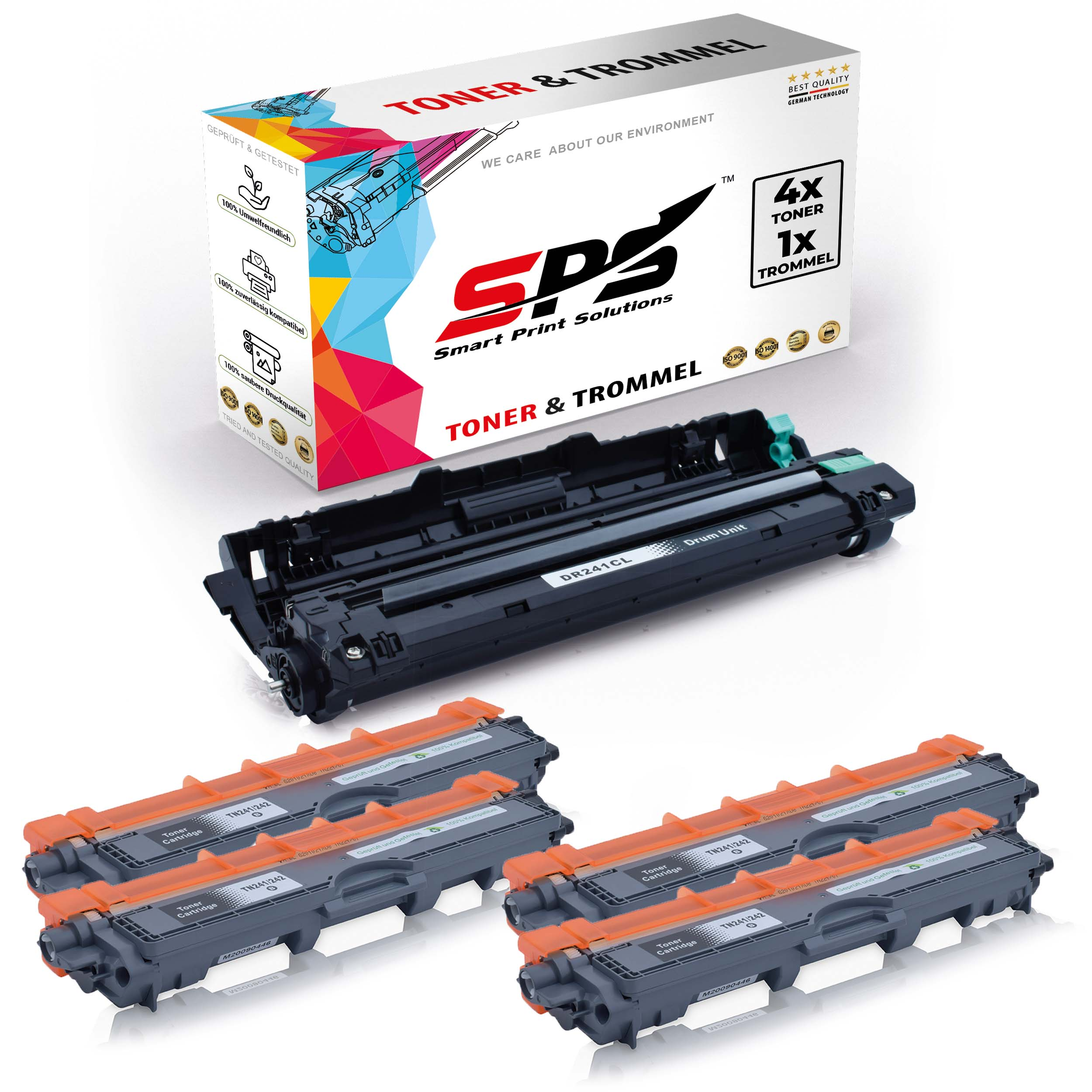 Vier Tonerkartuschen und eine Trommel-Kit-Box. Schwarz und Gelb. SPS Smart Print Solutions. Weißer Hintergrund.