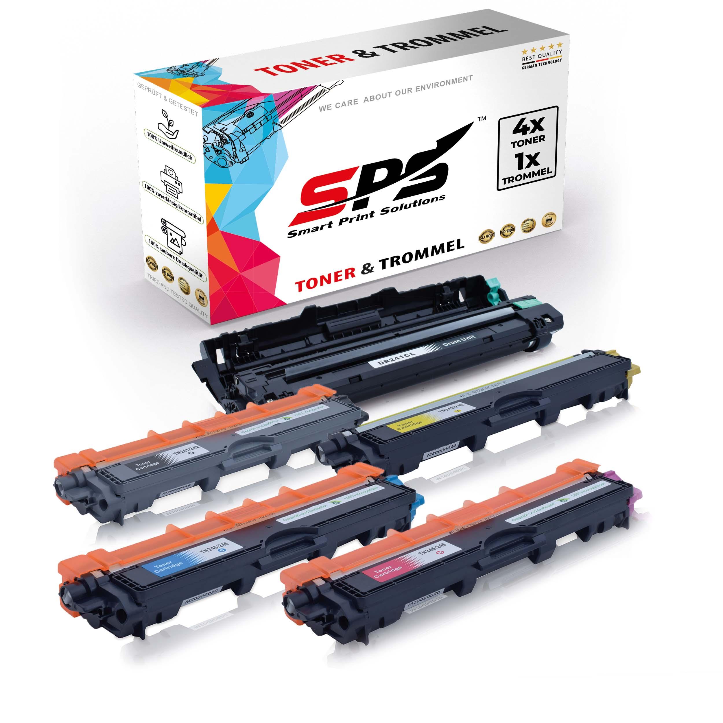 Vier Tonerpatronen und Trommeleinheit mit Verpackung. Schwarz, orange, blau, pink. Box hat die Marke SPS.