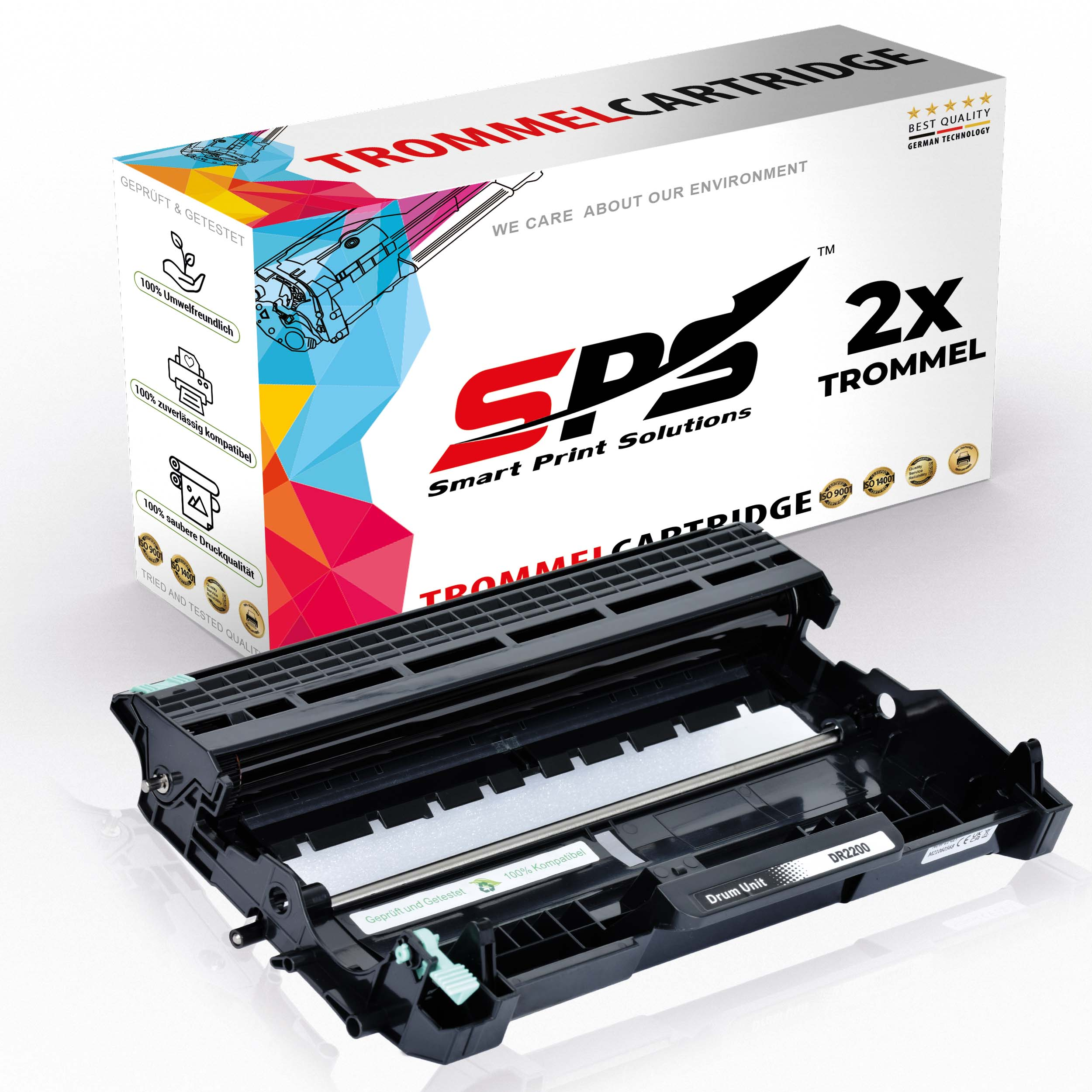 Eine schwarze Trommeleinheit vor einer Box mit der Aufschrift 'Trommelcartridge' und 'SDS Smart Print Solutions'.