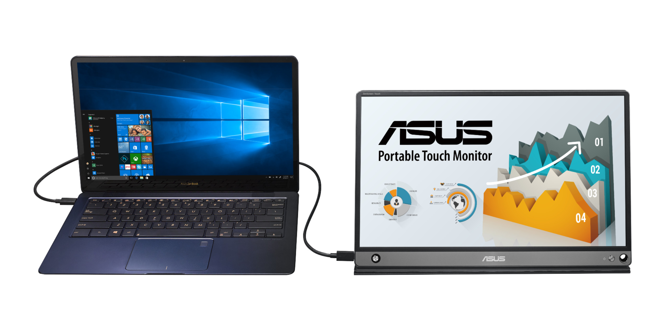 Dizüstü bilgisayar, ASUS logolu taşınabilir dokunmatik monitöre bağlı.
