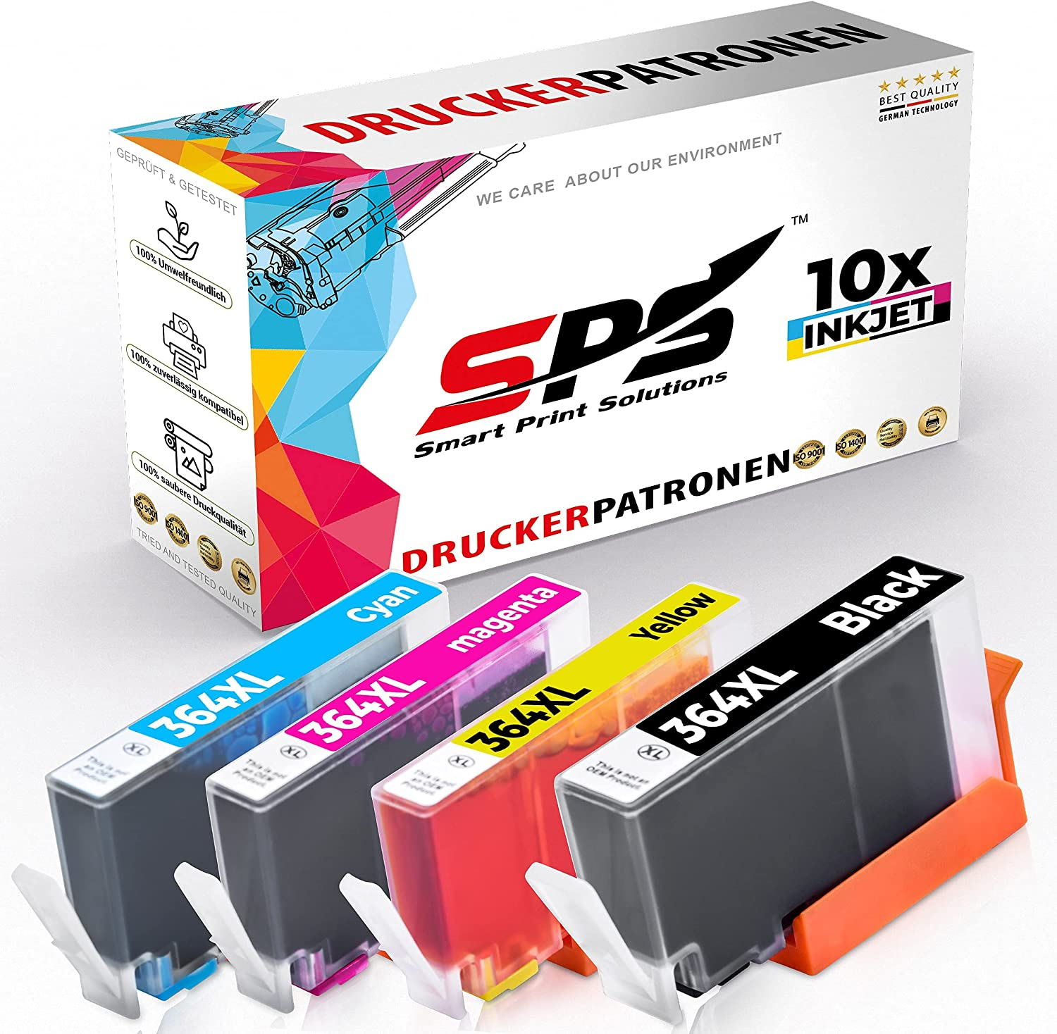 Tintenstrahlpatronen vor einer Box. Die Patronen sind cyan, magenta, gelb und schwarz.