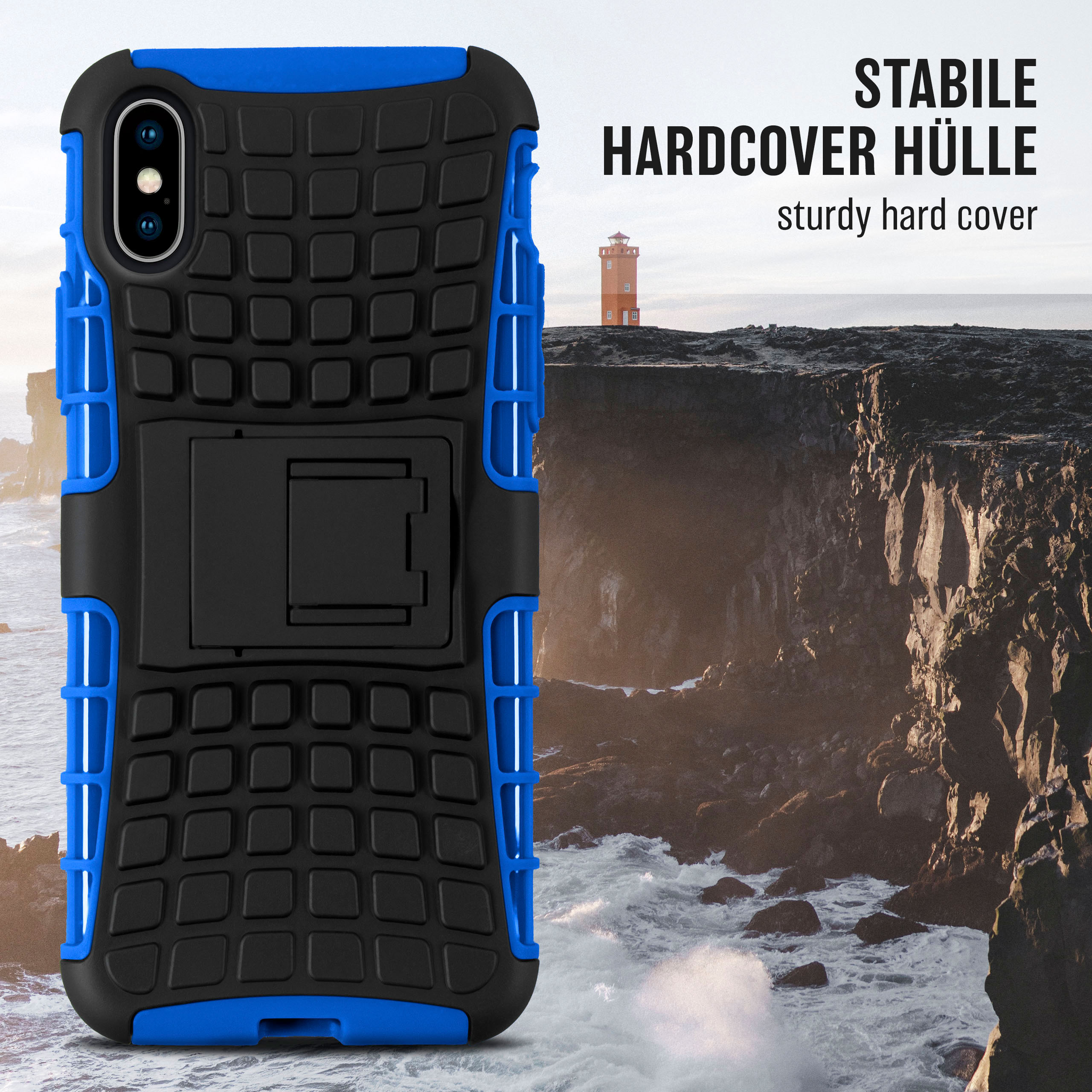 Blau-schwarze Handyhülle mit schwarzem Ständer. Im Hintergrund eine Felsenküste mit Leuchtturm.
