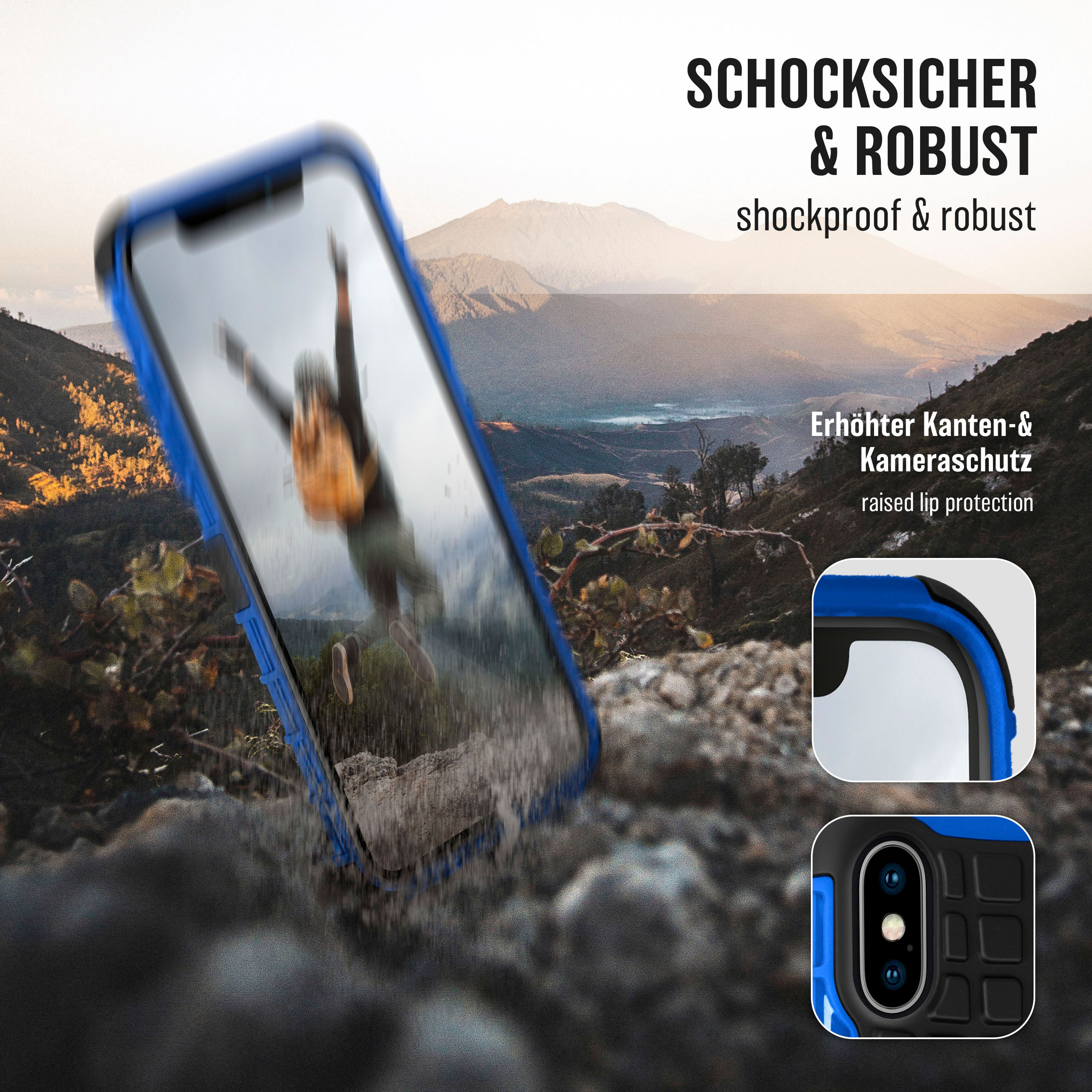 Eine blaue Handyhülle mit Berglandschaft. Erhöhter Kantenschutz und zusätzlicher Kameraschutz.