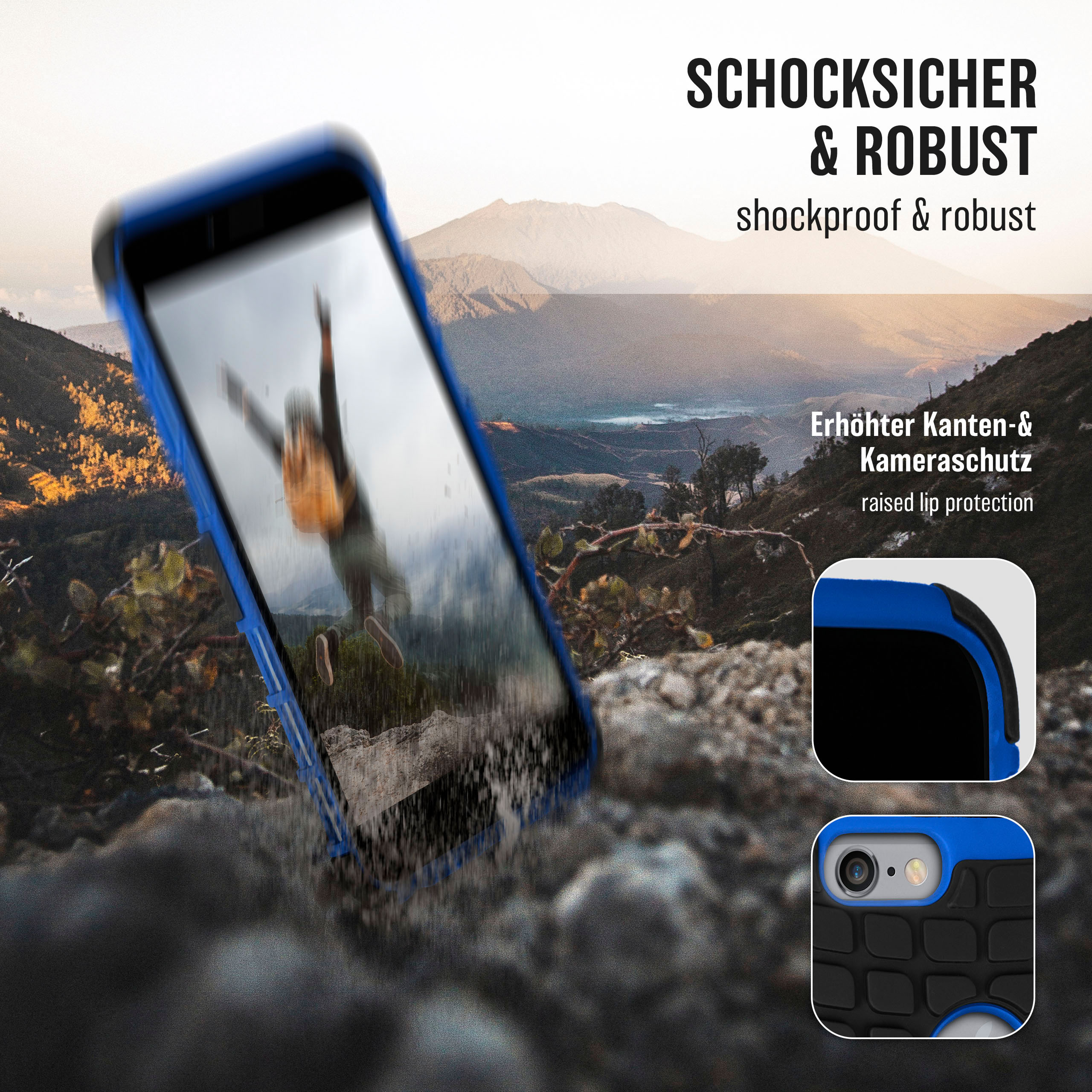 Eine blaue Handyhülle fällt, mit einem Berg- und Himmelhintergrund. Es hat ein stoßfestes Design.