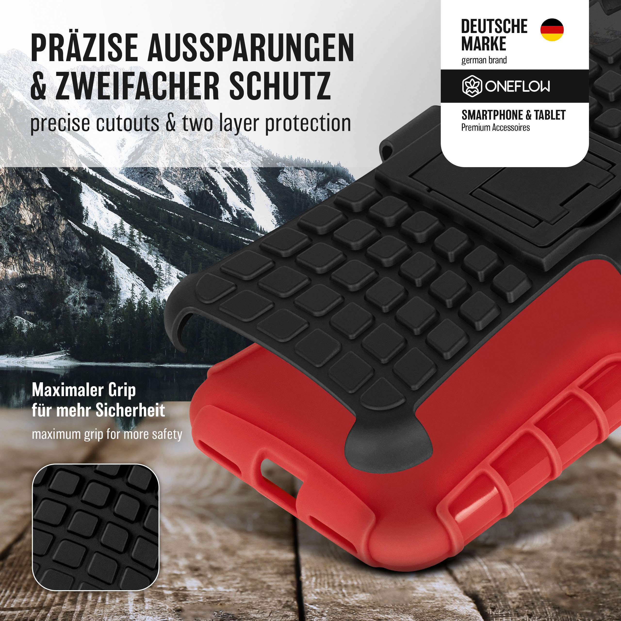 Rote und schwarze Handyhülle mit strukturiertem Design, roten Kanten, schwarzem Innenraum und Ständer.