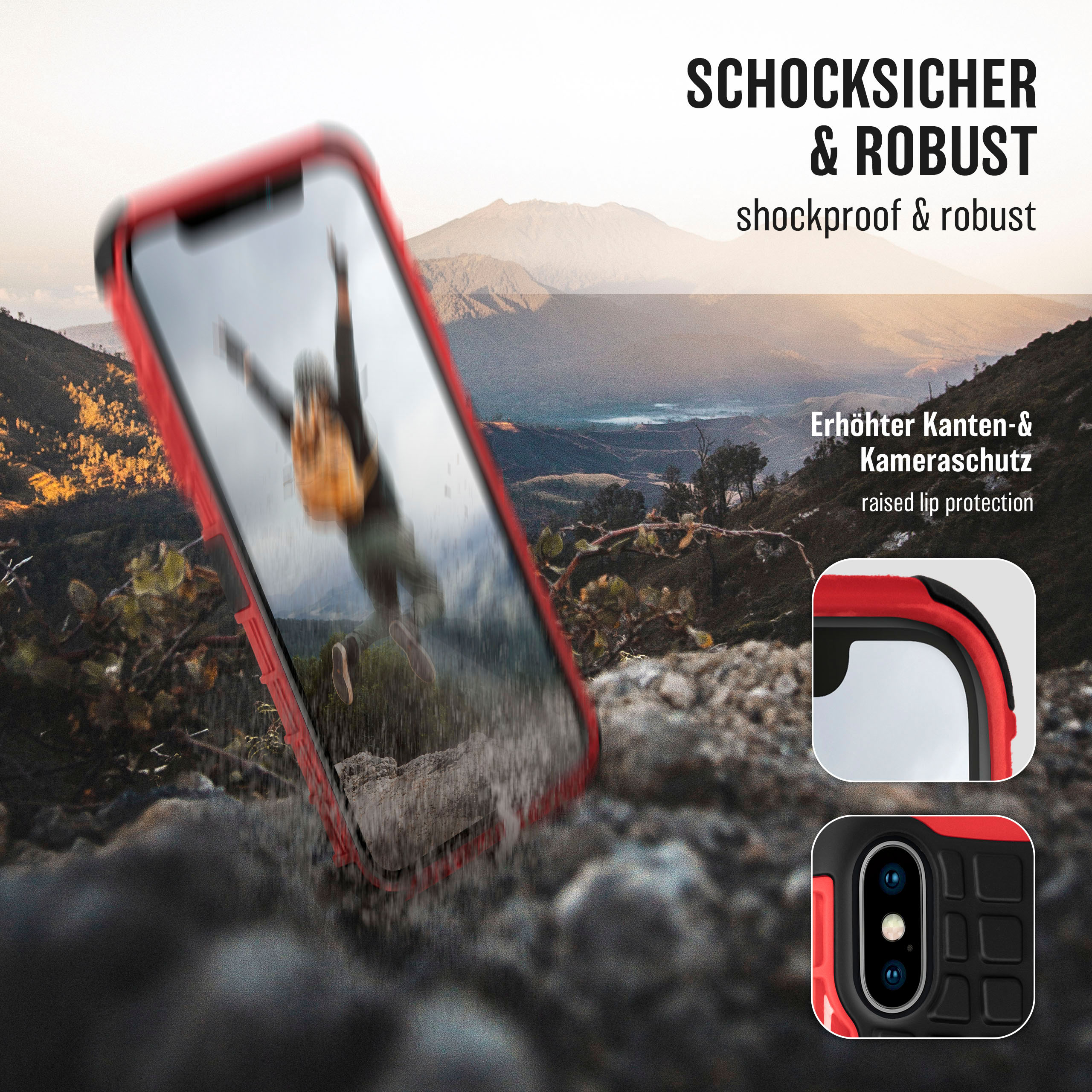 Eine rote Handyhülle mit einer Berglandschaft. Das Telefon scheint ins Wasser zu fallen.