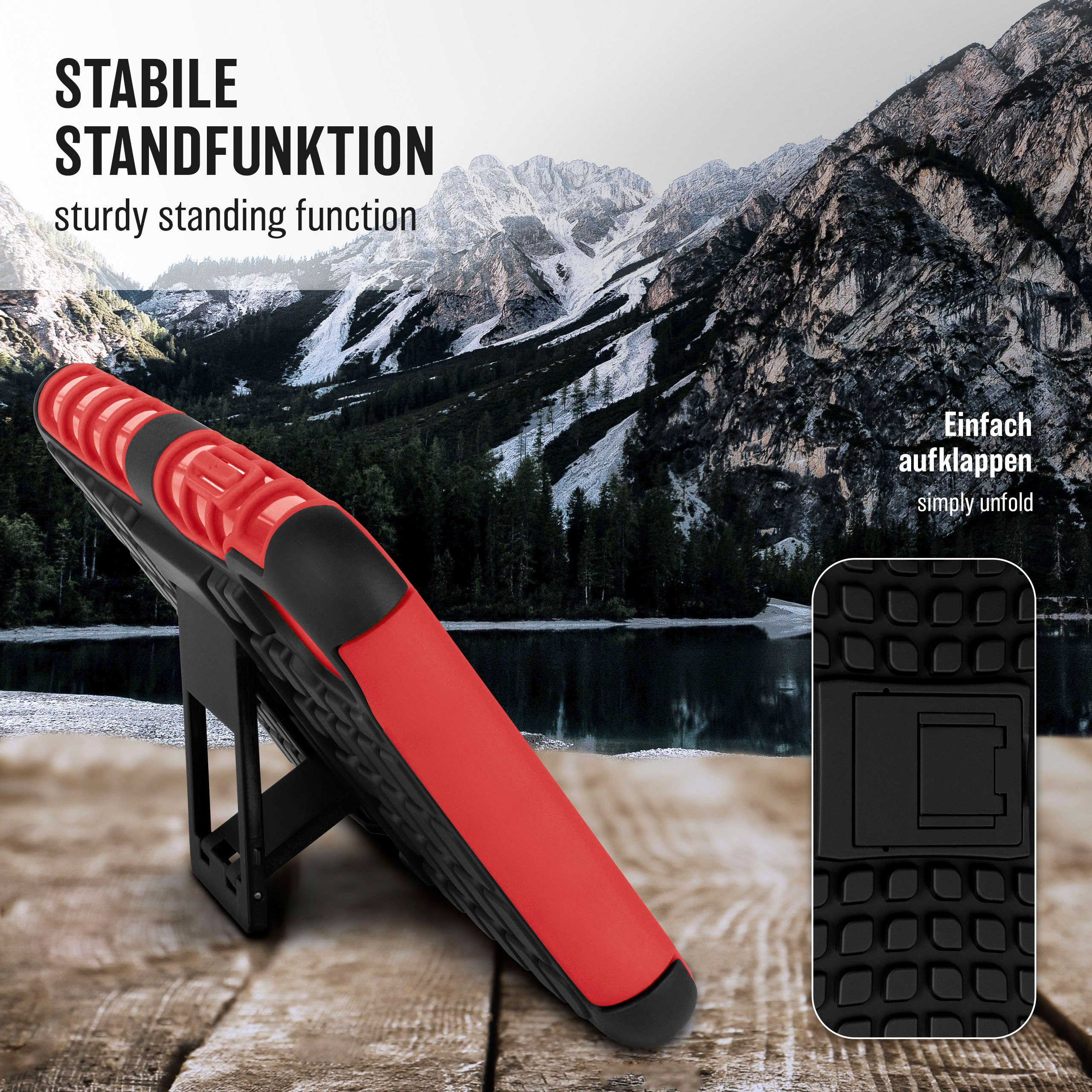 Eine rote und schwarze Handyhülle offen, vor einer Berglandschaft platziert, mit Text über stabilen Stand.