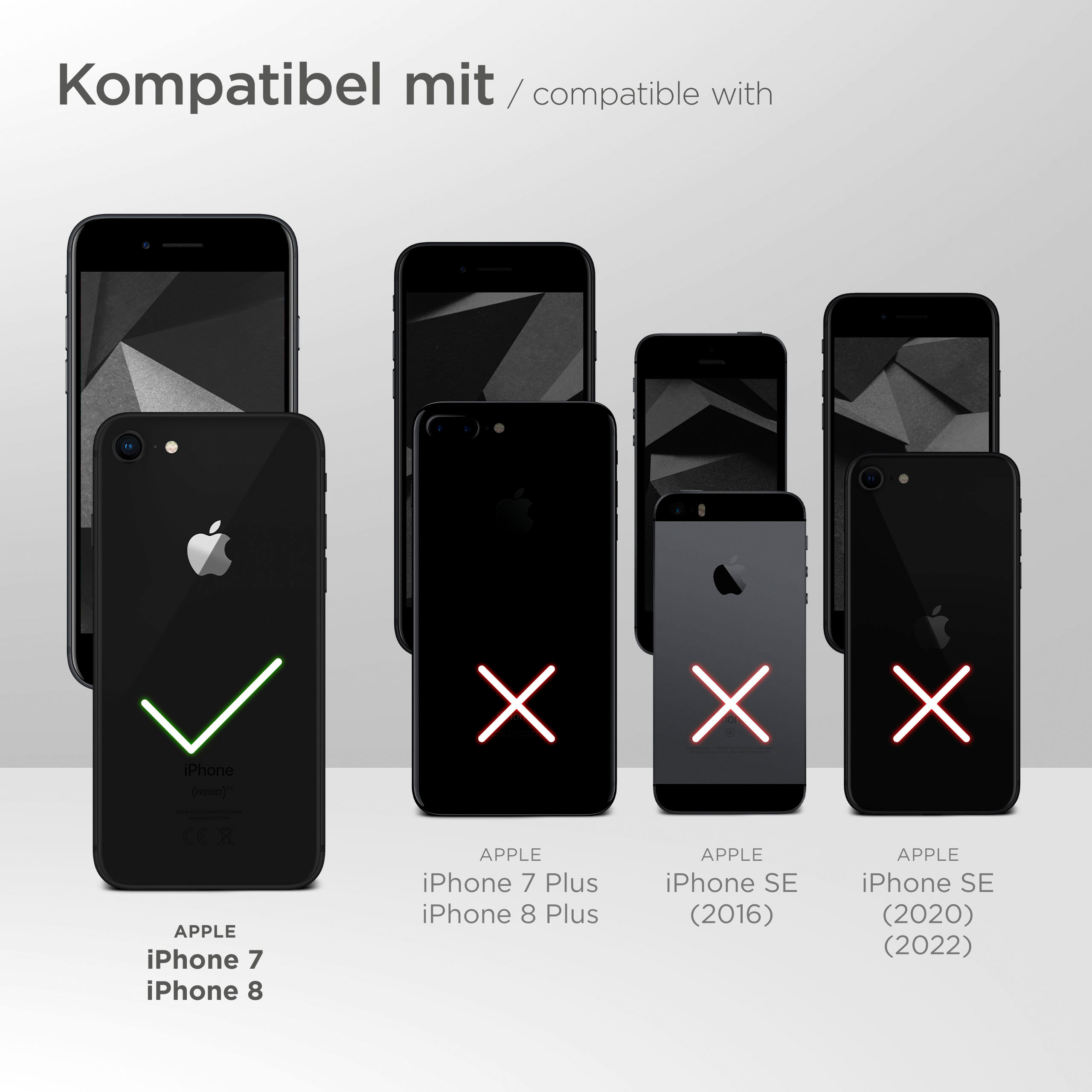 Das Bild zeigt kompatible Telefone, ein grünes Häkchen neben einem iPhone 7 und iPhone 8, rote X auf anderen Modellen.