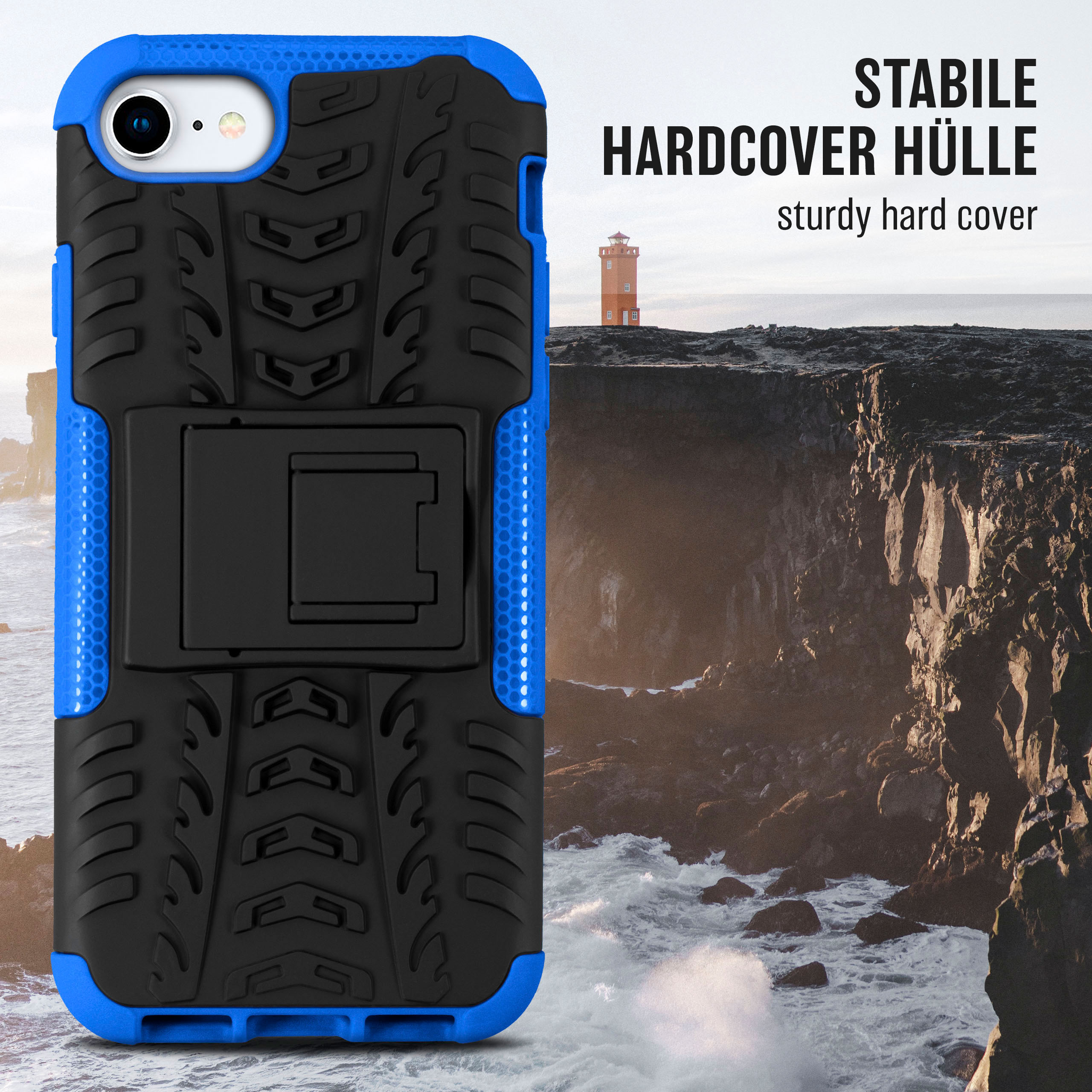 Handyhülle mit blauem, schwarzem und gelbem Design. Schwarzer Ständer. Leuchtturm und felsiger Hintergrund.