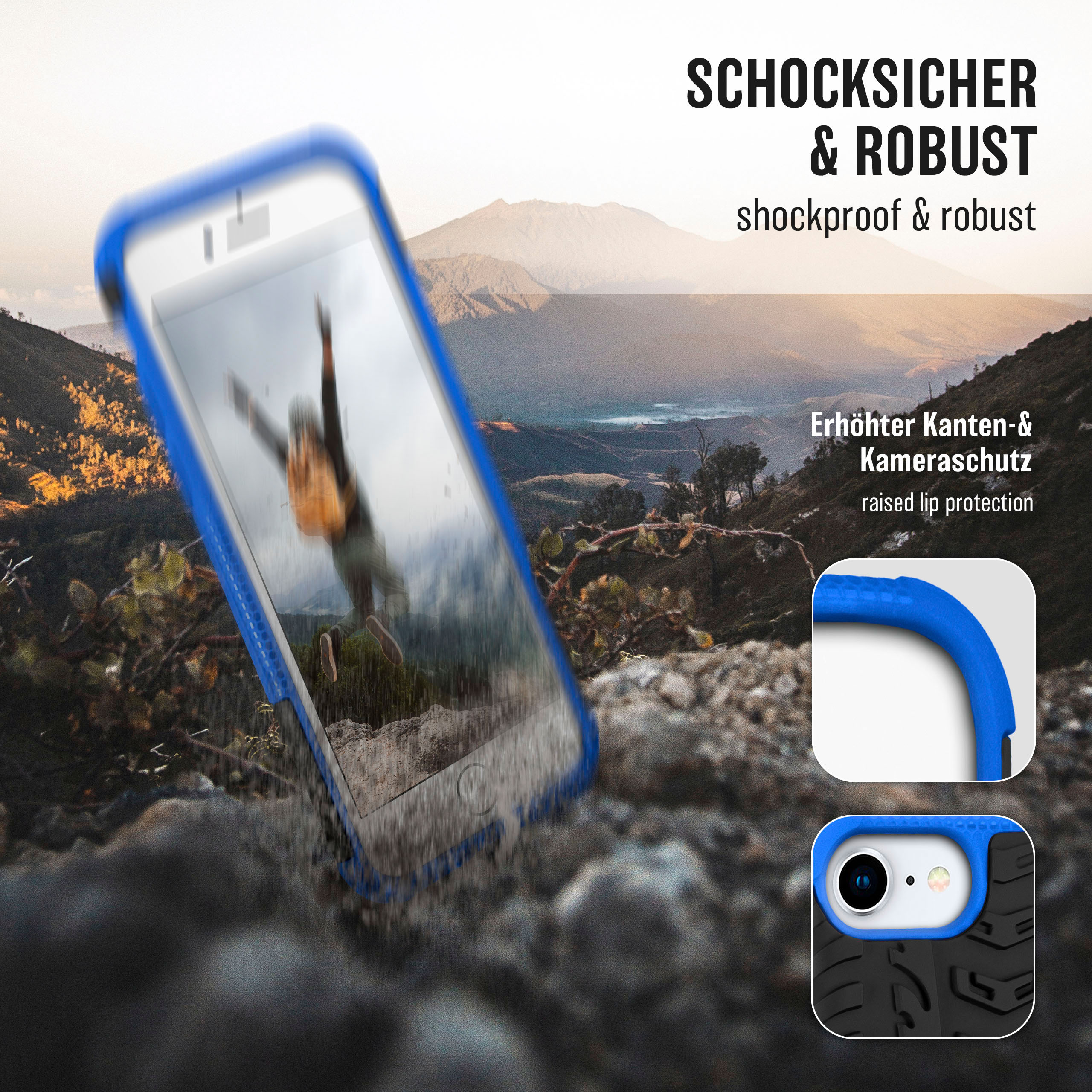 Telefon in blauer stoßfester Hülle mit unscharfem Hintergrund. Texte: stoßfest & robust.