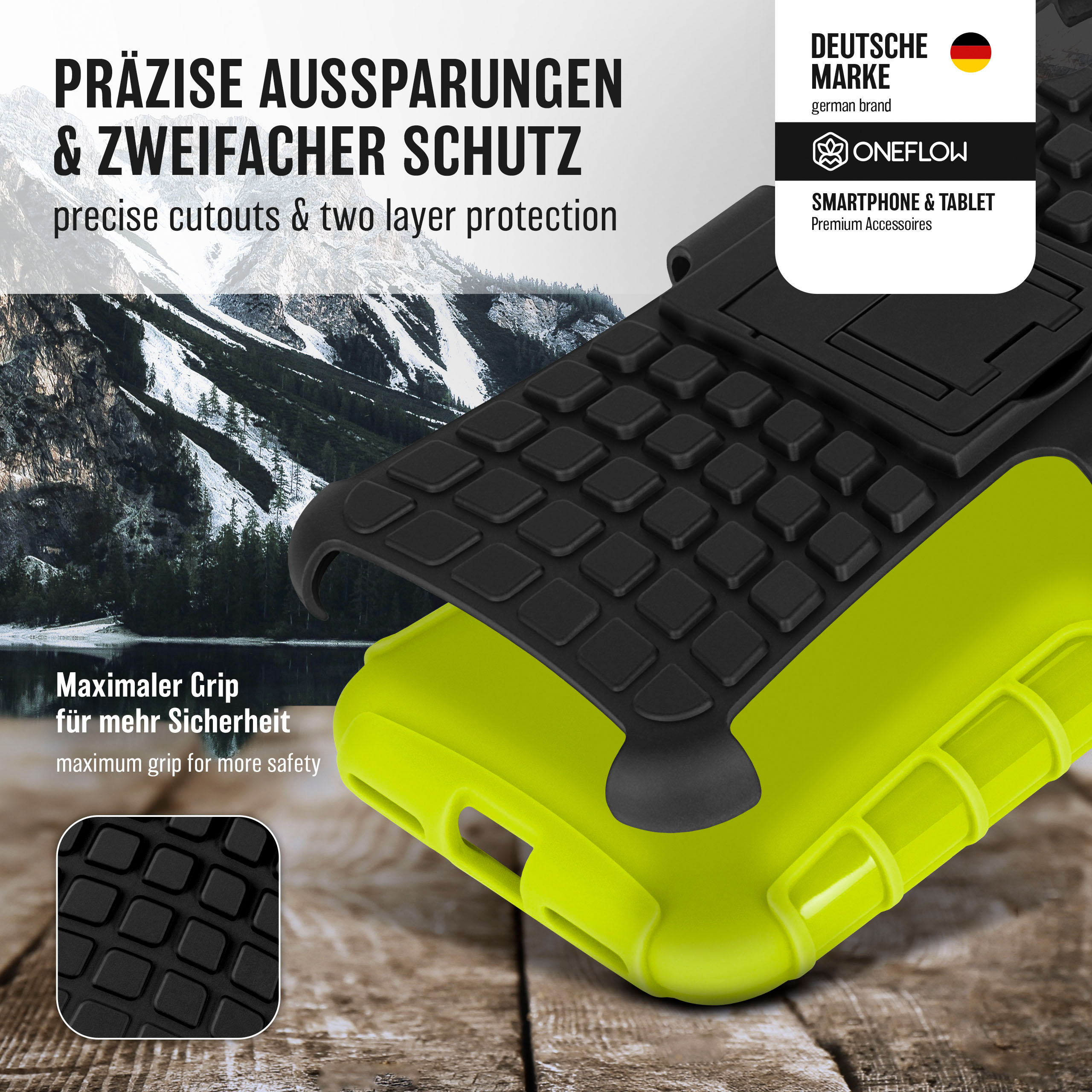 Handyhülle mit grünem und schwarzem Design, Nahaufnahmen von Texturen und Logos zeigend.