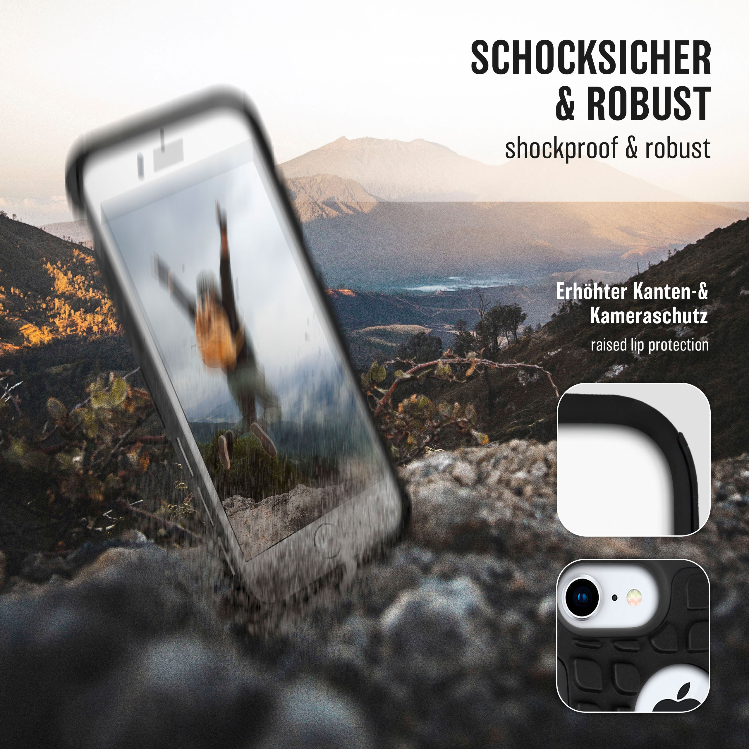 Telefon in Hülle mit Bergpanorama; Text: Stoßfest & robust, erhöhter Kantenschutz.
