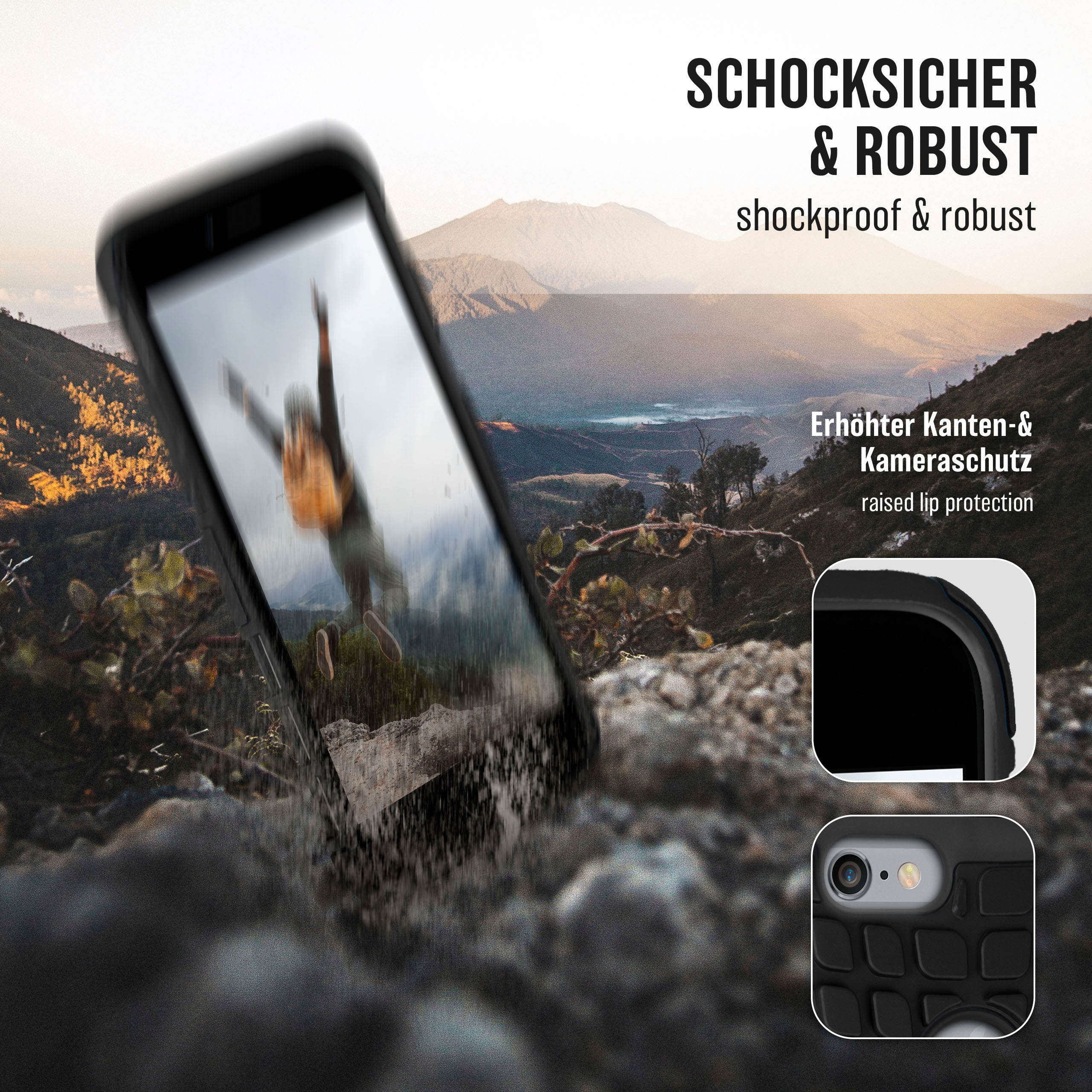 Handyhülle mit Bergkulisse. Telefon fällt, mit Bewegungsunschärfe-Effekt.