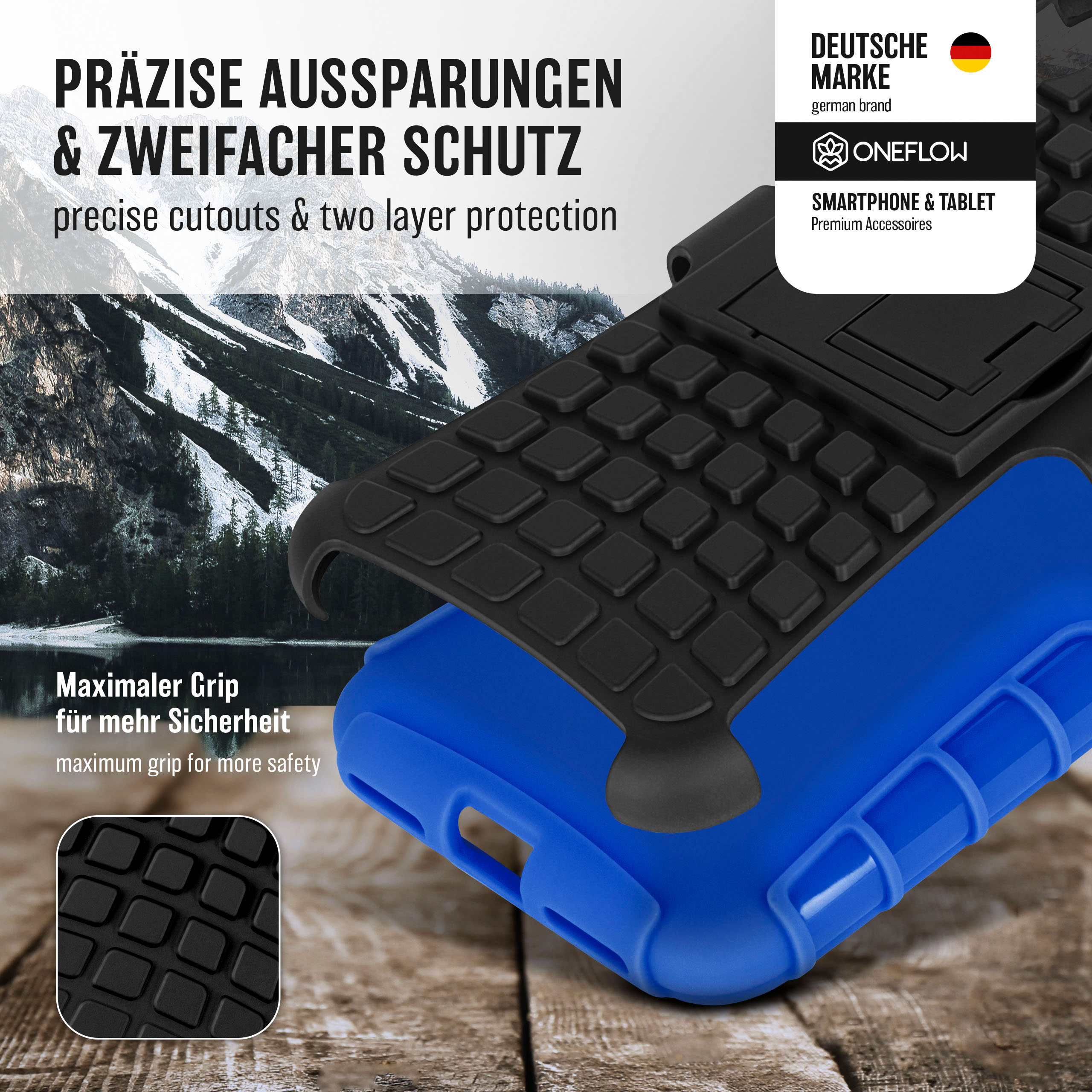 Nahaufnahme einer blau-schwarzen Handyhülle. Die Handyhülle hat ein strukturiertes Design.