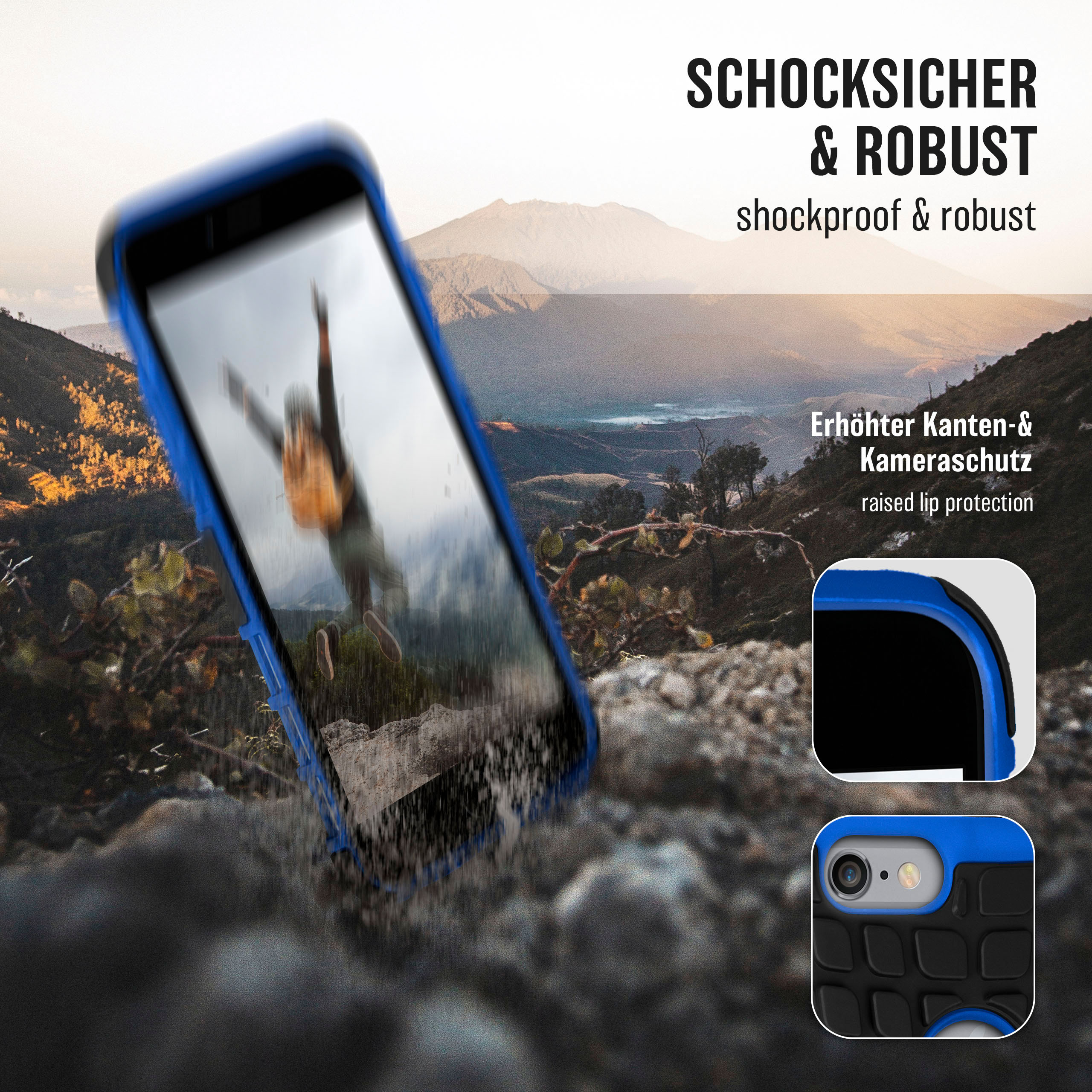Blau-schwarze Handyhülle. Bild einer stürzenden Person im Hintergrund. Stoßfest und robust.