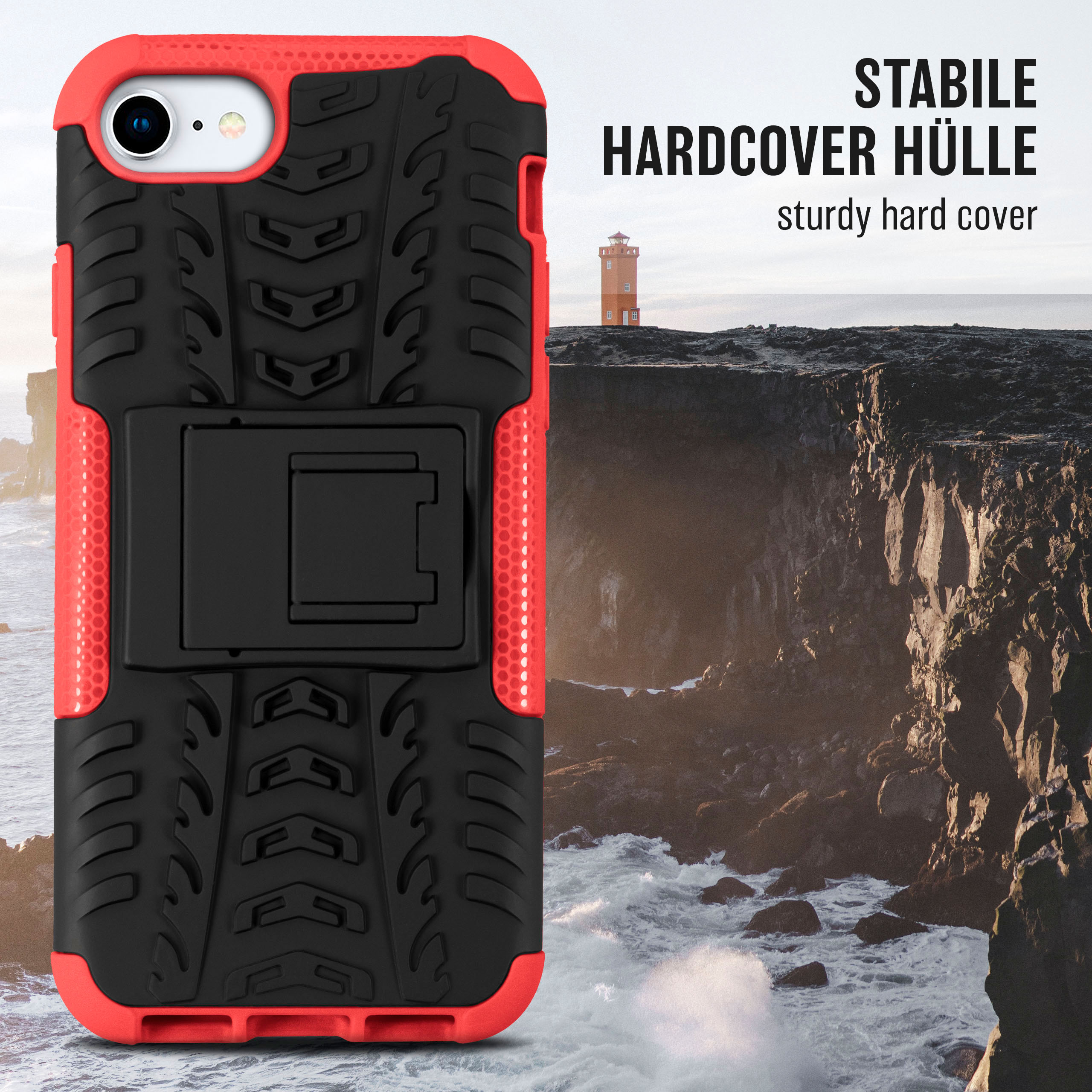 Eine schwarz-rote Handyhülle mit Ständer, Landschaft mit Leuchtturm und Wasser.