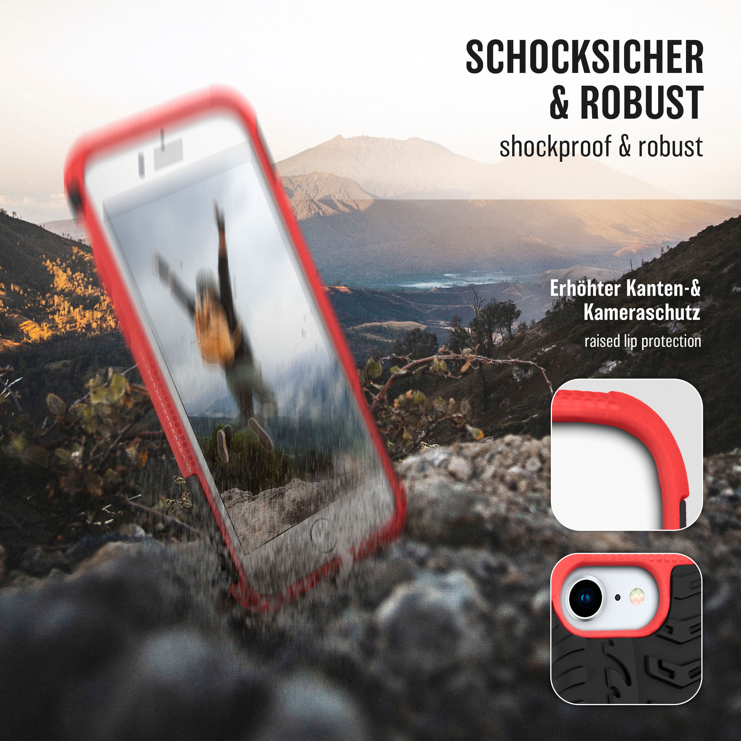 Eine rote Handyhülle mit einem Handy und Bergpanorama.