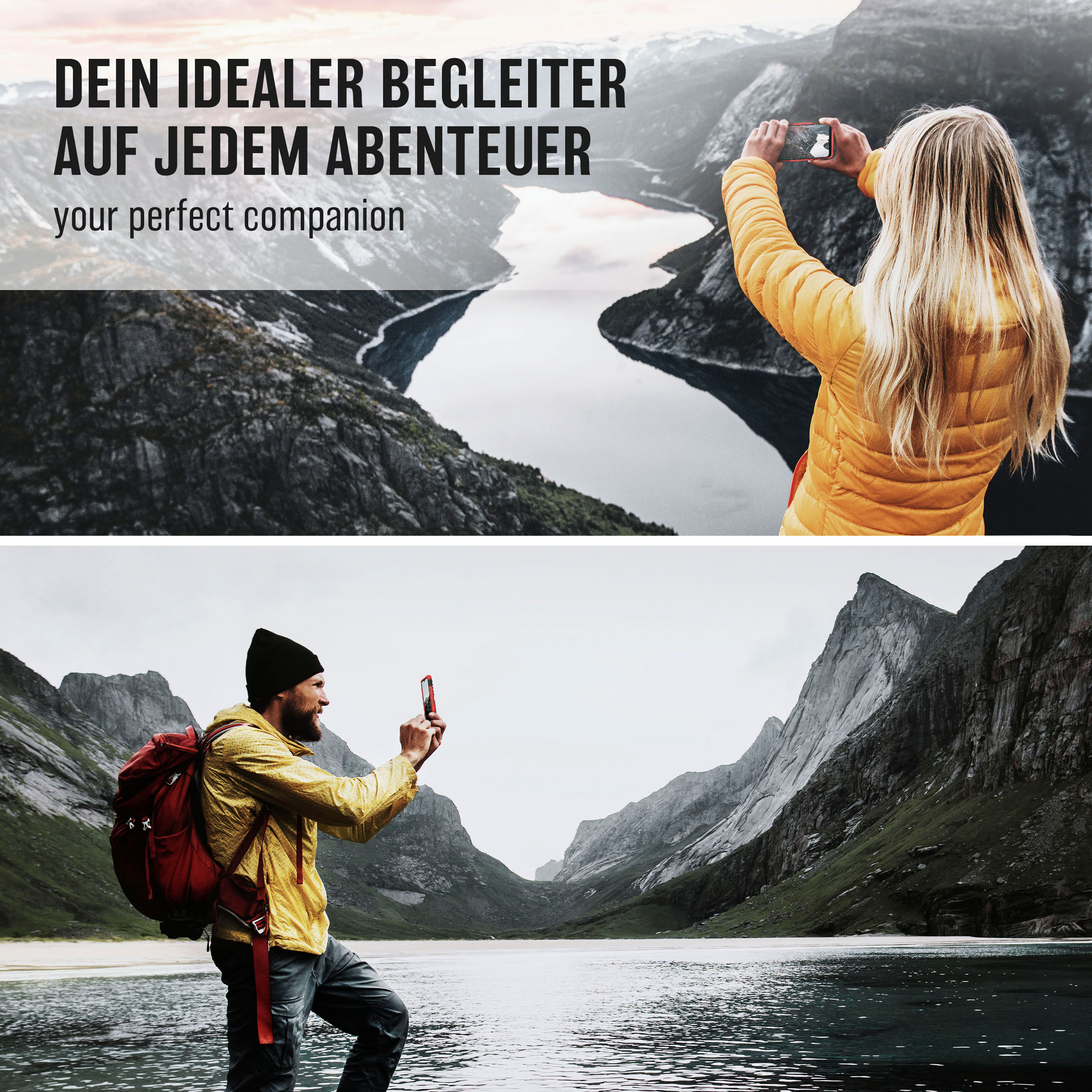 Zwei Personen fotografieren mit Handy am See und in den Bergen.