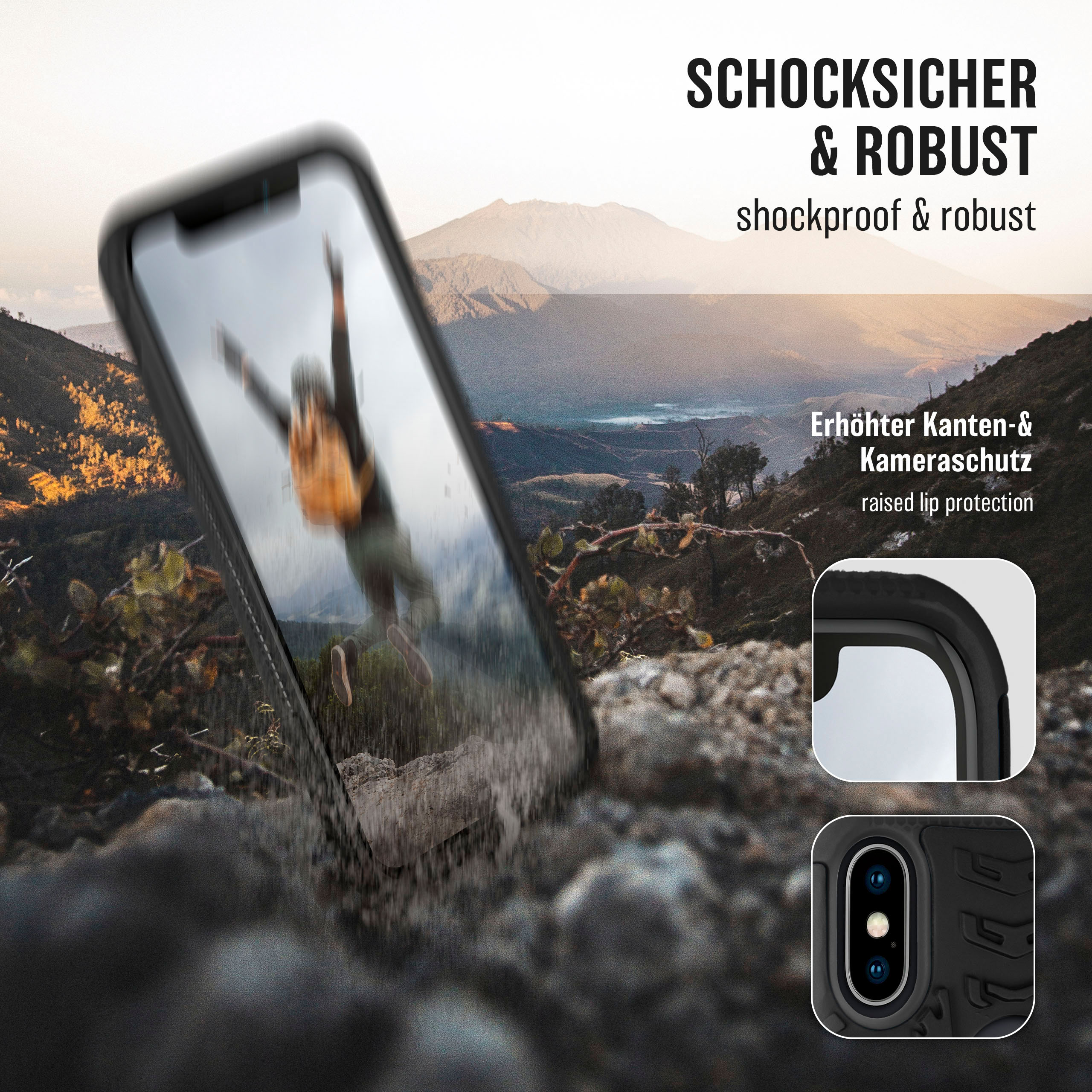 Telefon in schwarzer Schutzhülle mit bergigem Hintergrund und Text.
