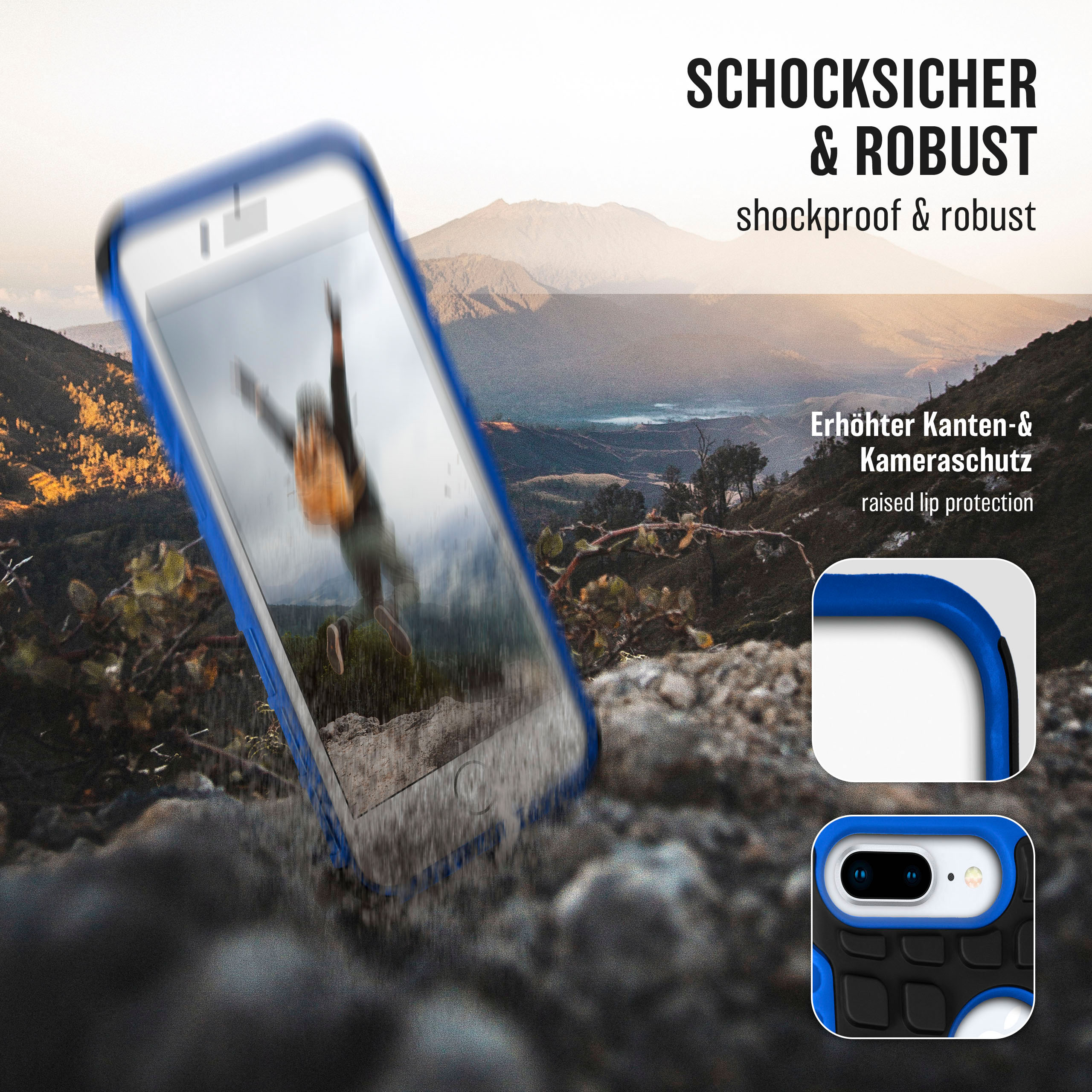 Eine blau umrandete Handyhülle mit einem Handy, das eine springende Person mit Bergen im Hintergrund zeigt.