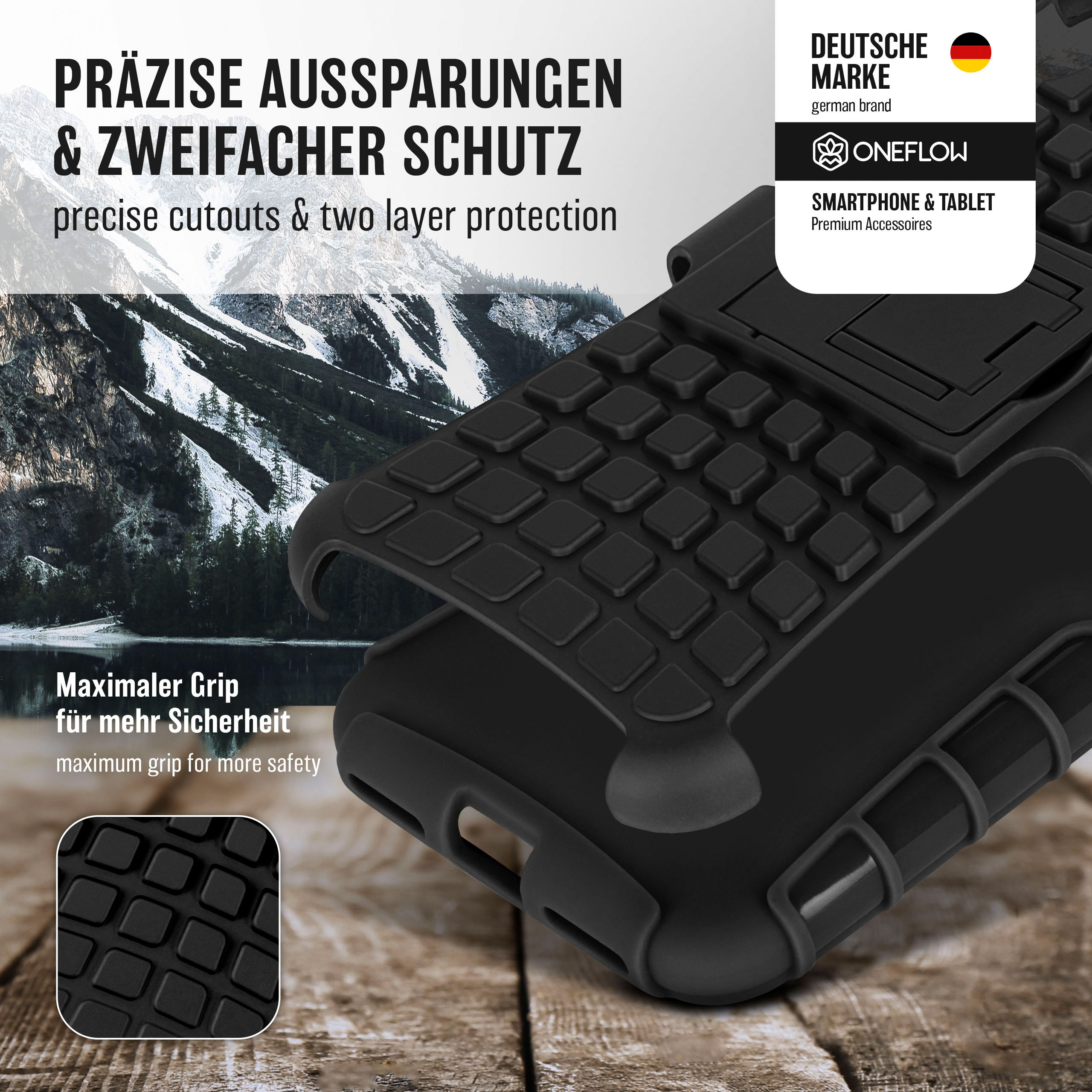 Schwarze Handyhülle mit strukturierter Oberfläche. Inklusive Ständer. Text auf Deutsch: maximaler Grip für mehr Sicherheit.