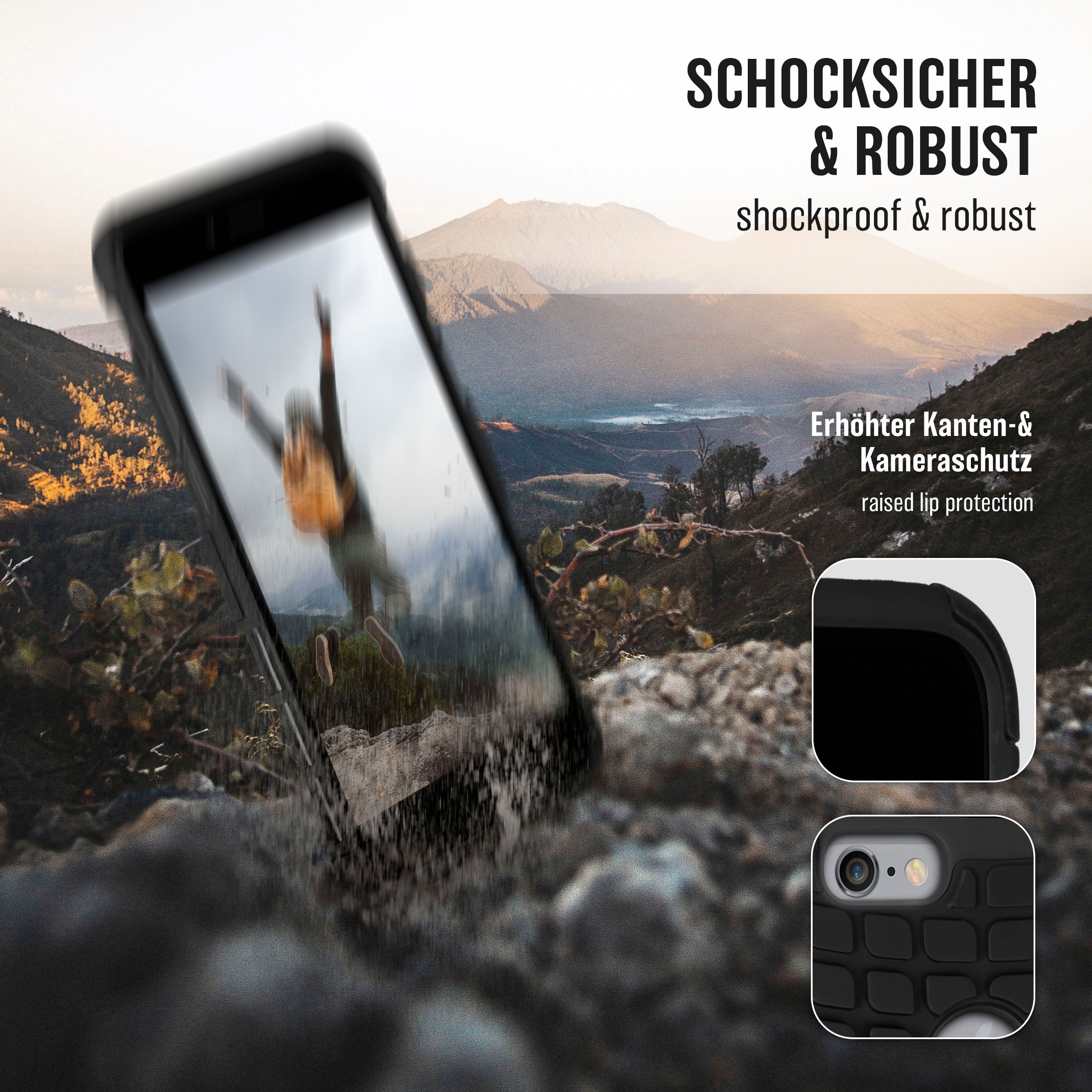 Ein fallendes Telefon mit Bergkulisse, mit Text über Stoßfestigkeit.