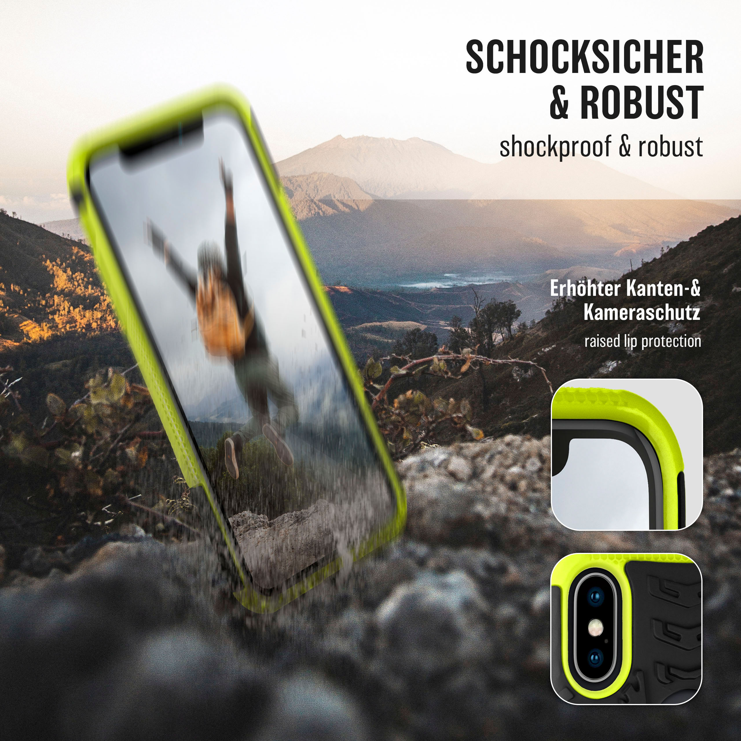 Gelbe Handyhülle, schwarzes Telefon darin, Person springt mit Hintergrund, Berge.