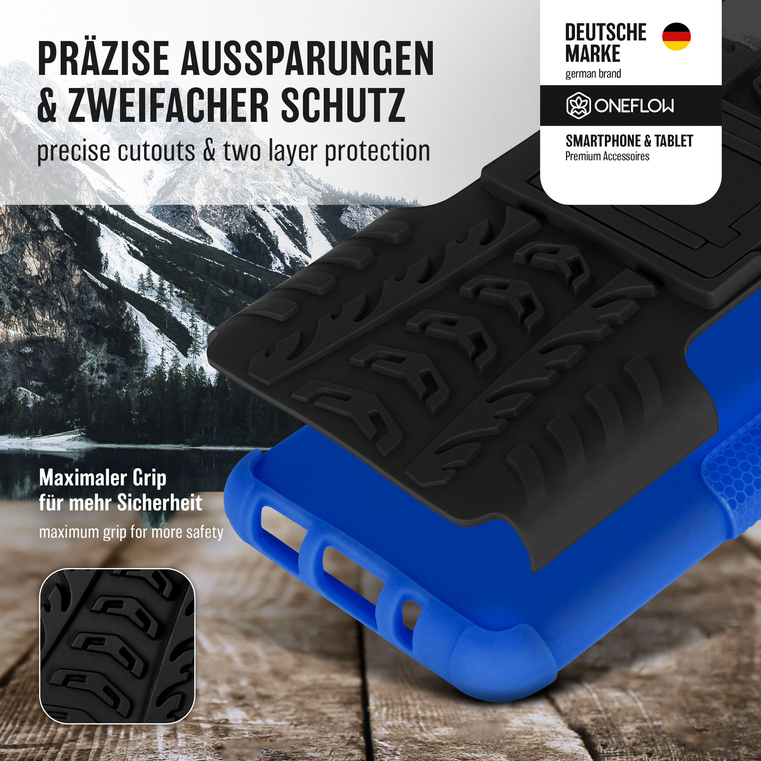 Blau-schwarze Handyhülle mit Text und Bildern der Produkteigenschaften auf weißem Hintergrund.