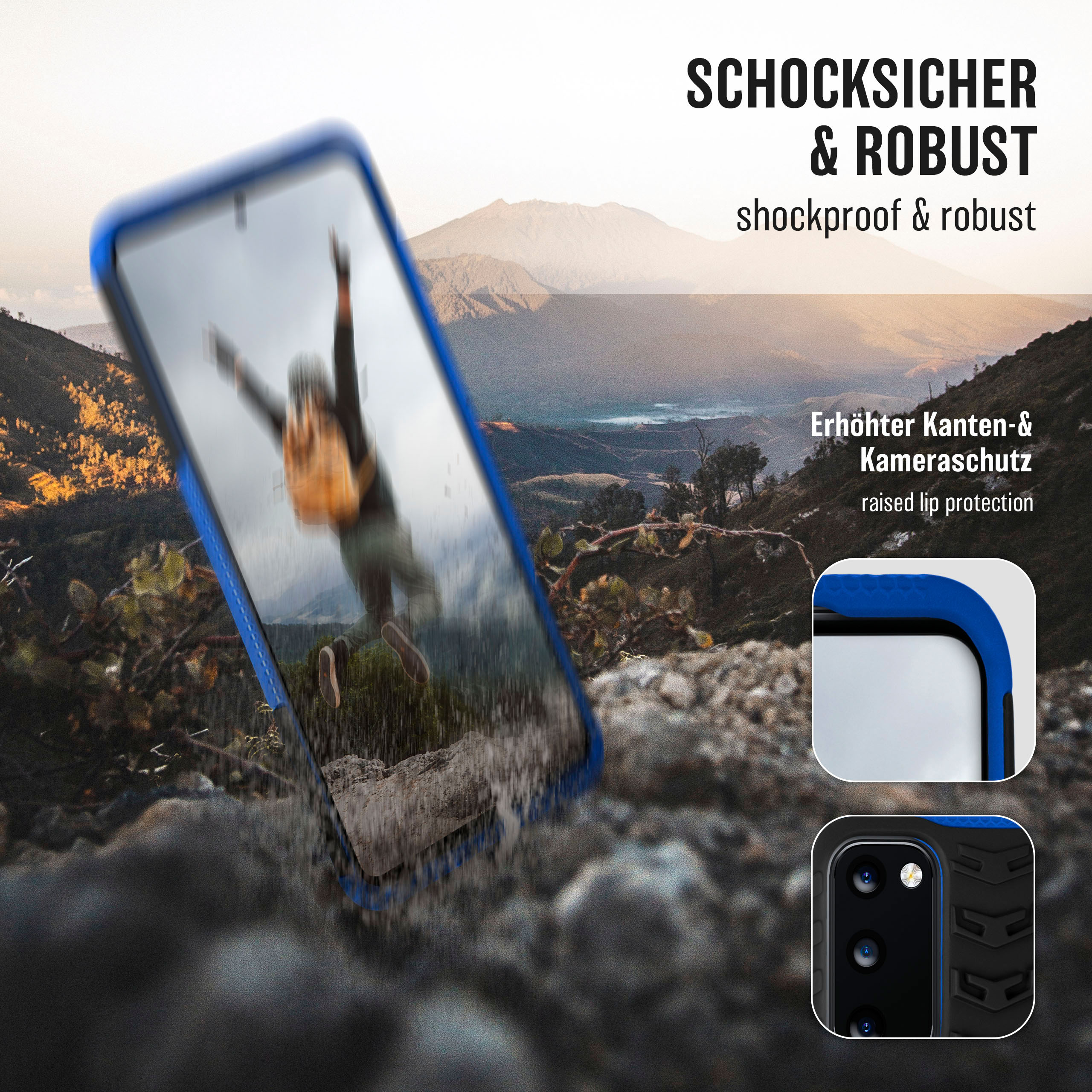 Eine blaue Handyhülle mit einem Telefon darin, eine Person springt in den See und Berge im unscharfen Hintergrund.