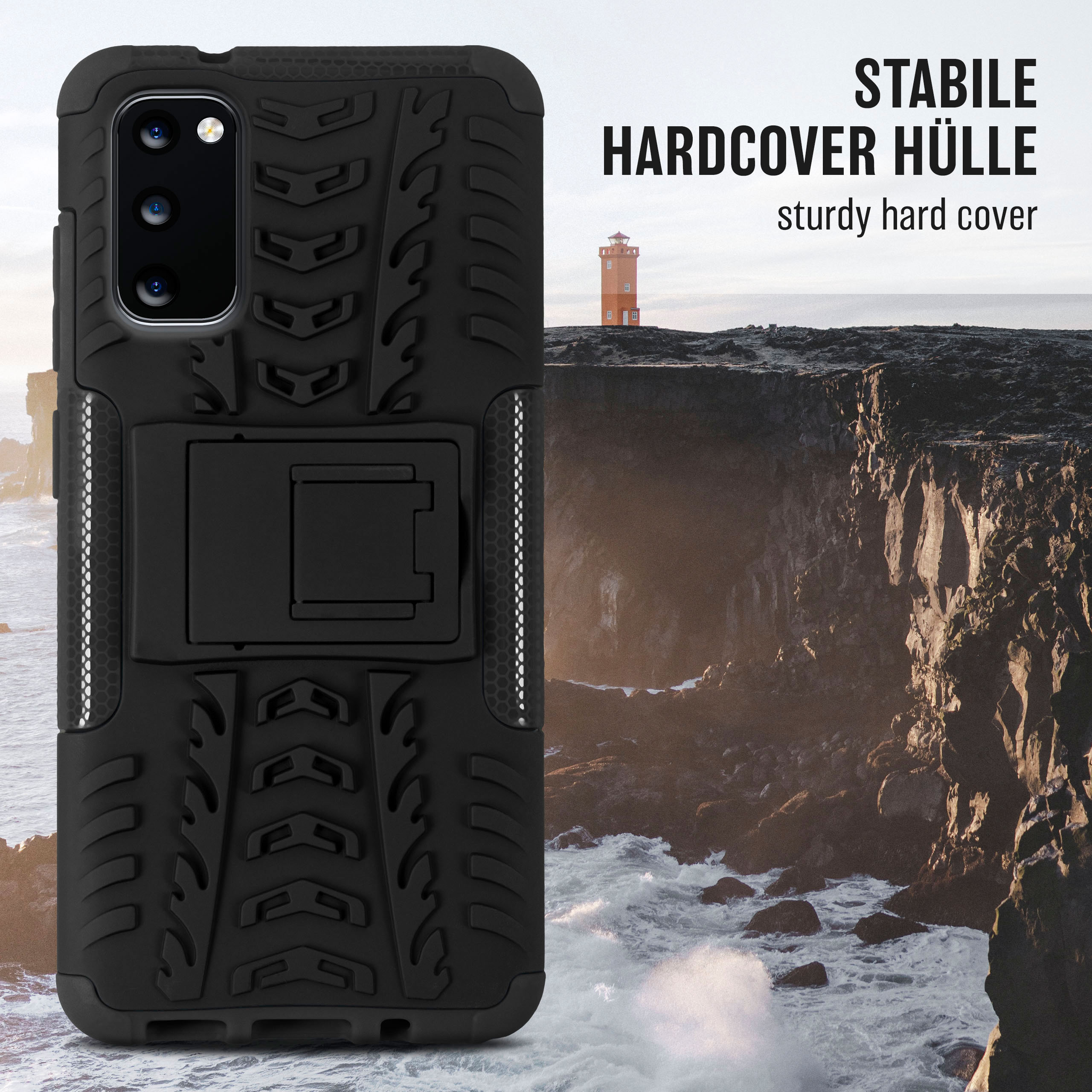 Schwarze Handyhülle mit Ständer und strukturiertem Design, vor einer Meeresklippe und einem Leuchtturm.