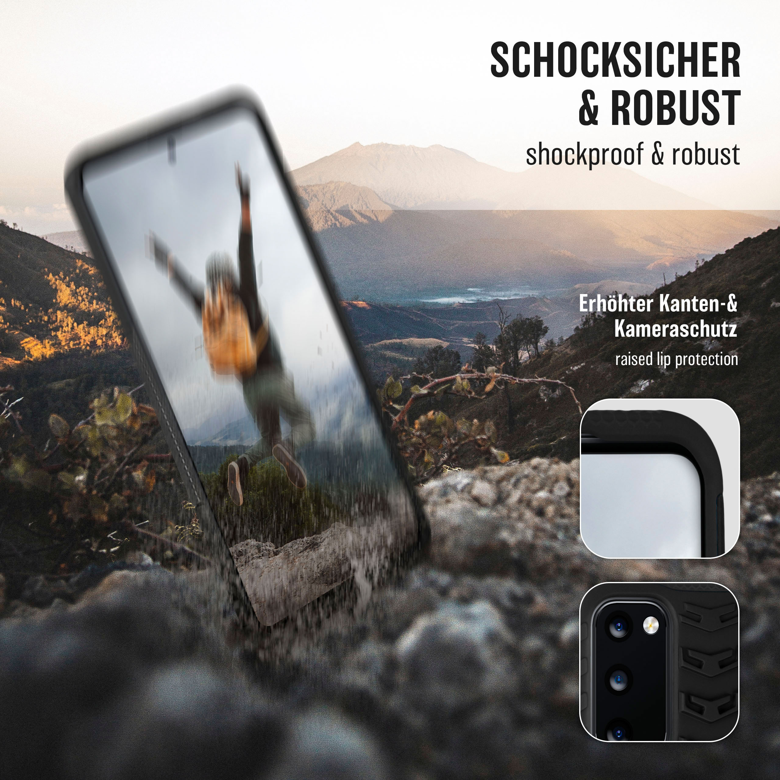 Schwarze Handyhülle mit Landschaft auf dem Bildschirm. Stoßfestes, robustes Design wird beworben.