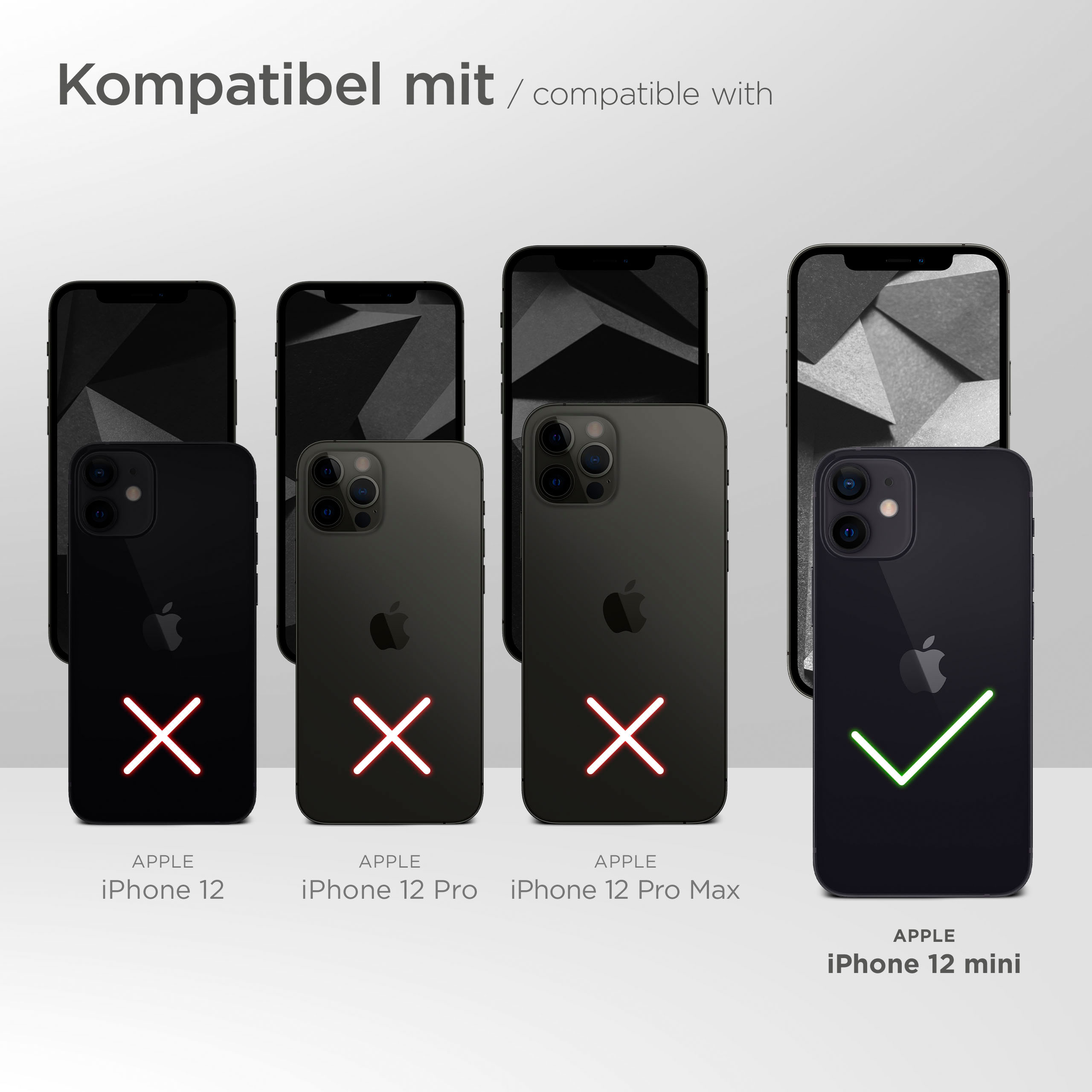 Schwarze iPhone 12 mini Hülle als kompatibel gezeigt, andere sind inkompatibel.
