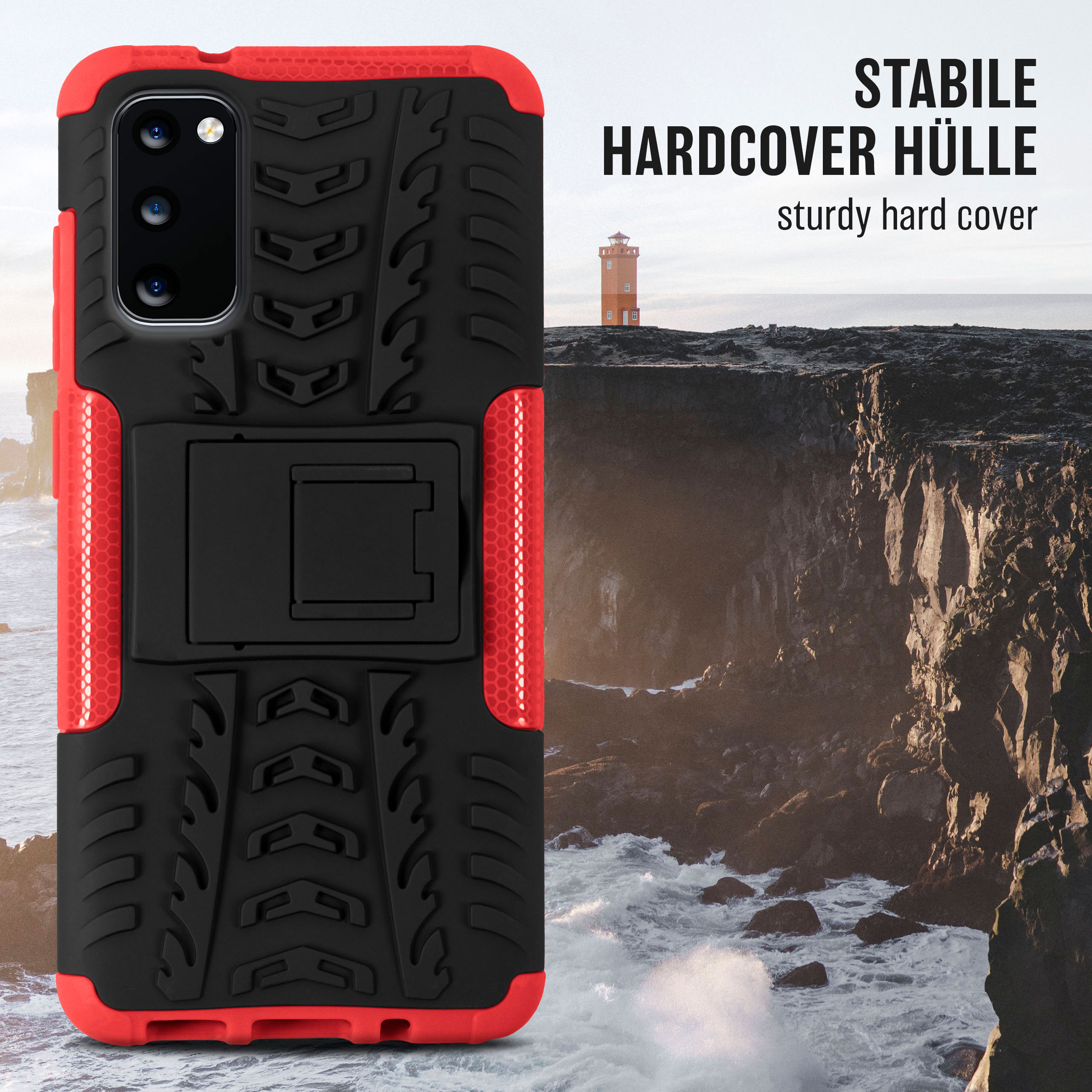 Schwarz-rotes Handycase mit Ständer. Leuchtturm auf Klippe, Meer im Hintergrund.