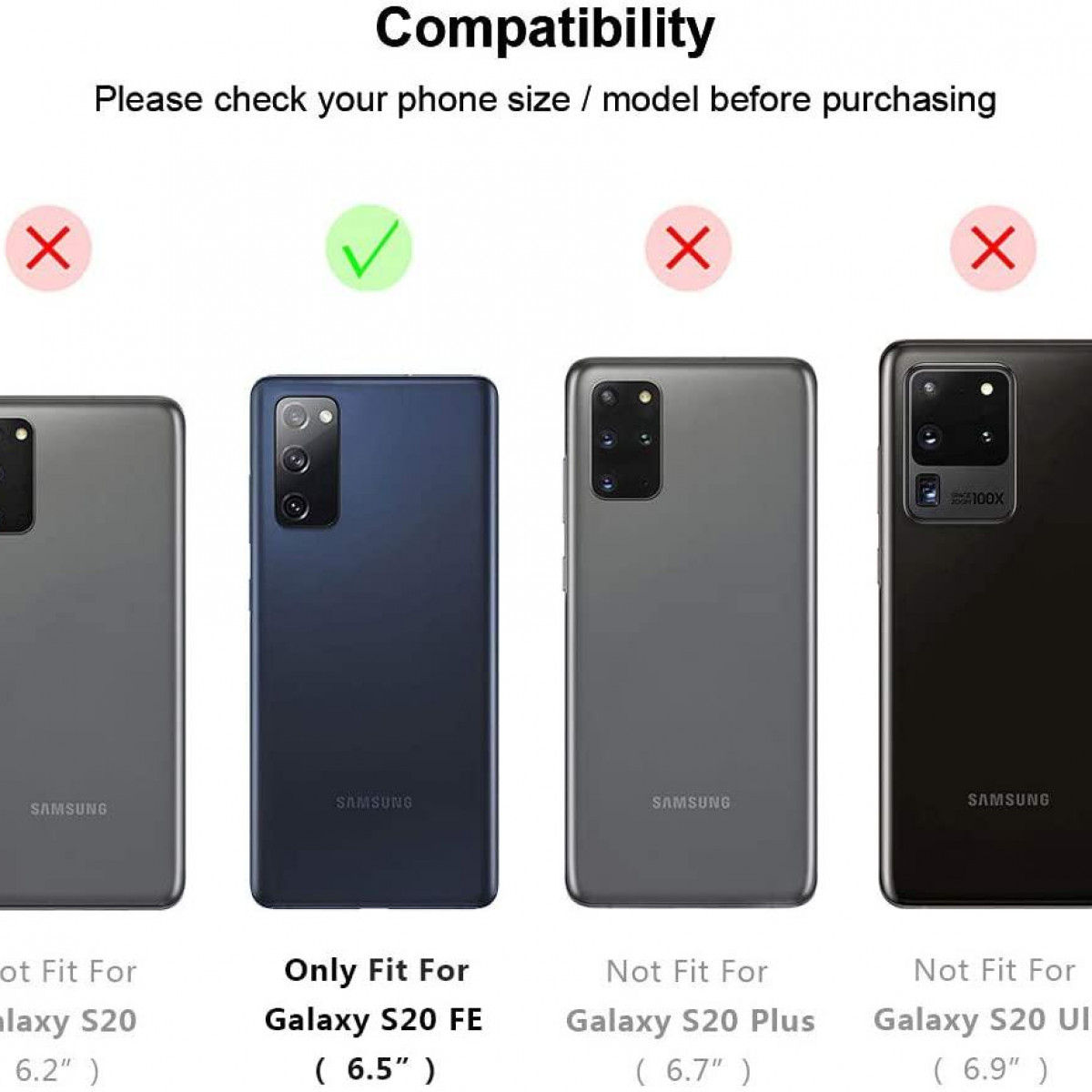 Cztery tyły telefonów: szary, niebieski, szary i czarny, z etykietami kompatybilności. Tylko niebieski telefon jest kompatybilny.