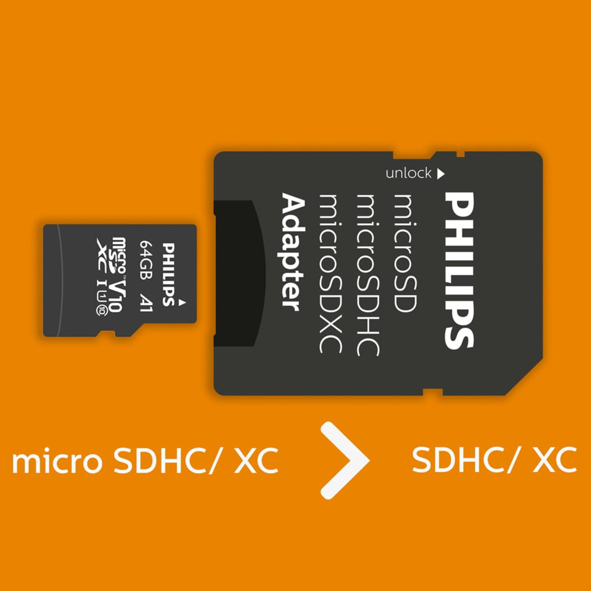 PHILIPS Micro-SDHX 64 Class 64 Mbit/s 10 U1, GB, Adapter, Micro-SDHC UHS-I 80 Speicherkarte