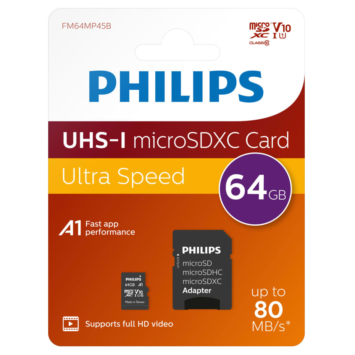 Philips microSD-Kartenverpackung. Karte und Adapter sichtbar, mit Text und Grafiken. Weißer Hintergrund.
