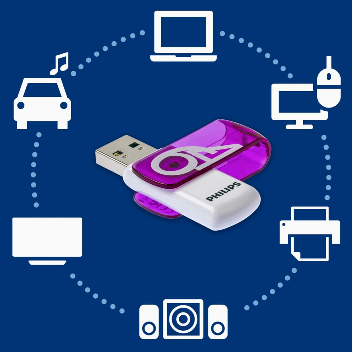 Pendrive Philips z fioletową nasadką. Otoczony ikonami: samochód, komputer, drukarka itp.