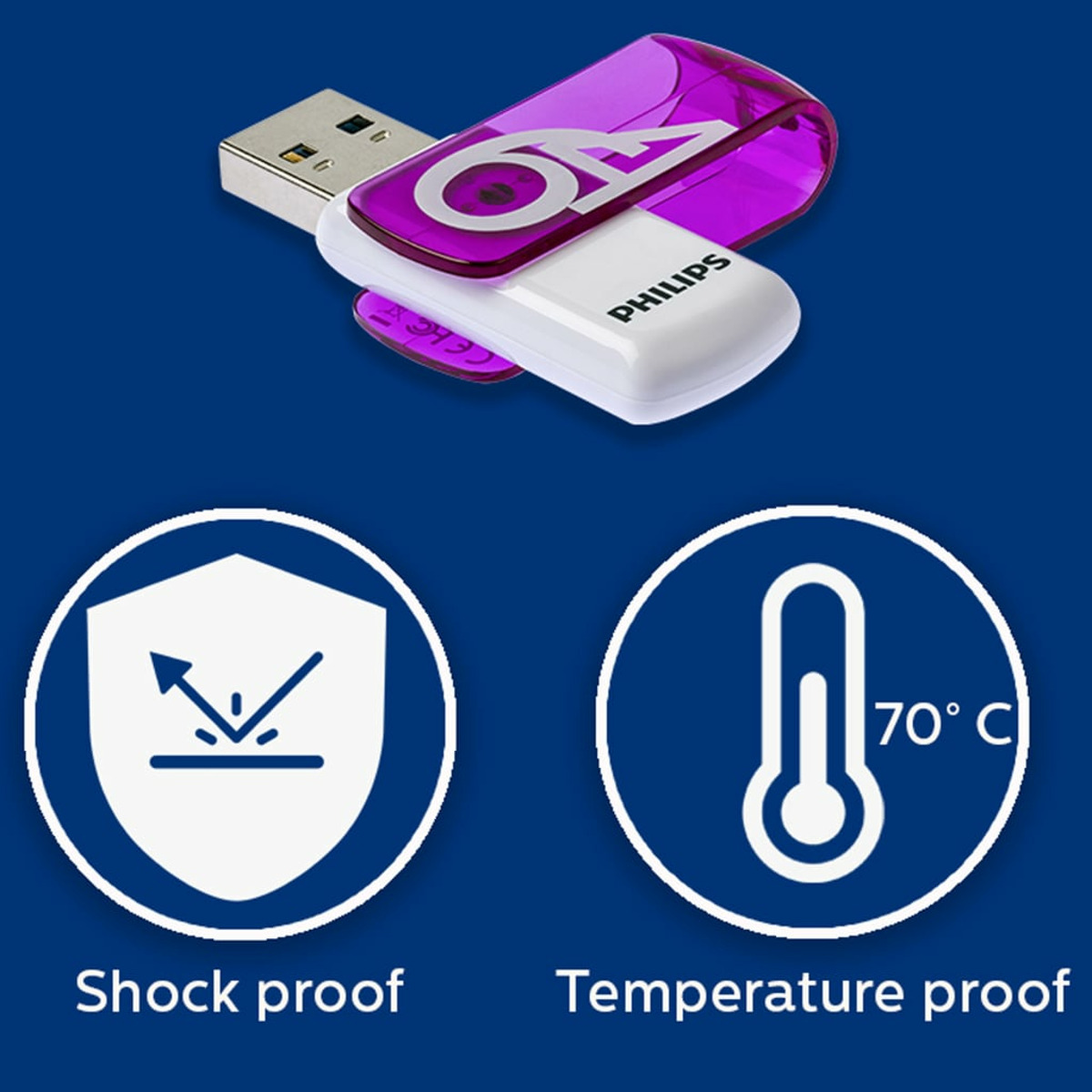 Fioletowy i biały pendrive Philips. Wyświetlane są ikony odporności na wstrząsy i temperaturę.