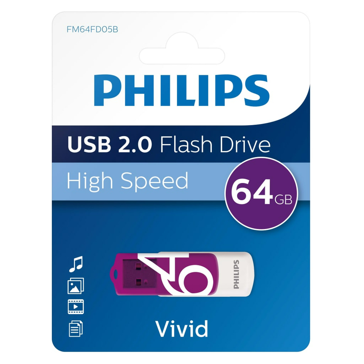 Opakowanie pendrive'a Philips USB 2.0. Ma różowy i biały pendrive o pojemności 64 GB.