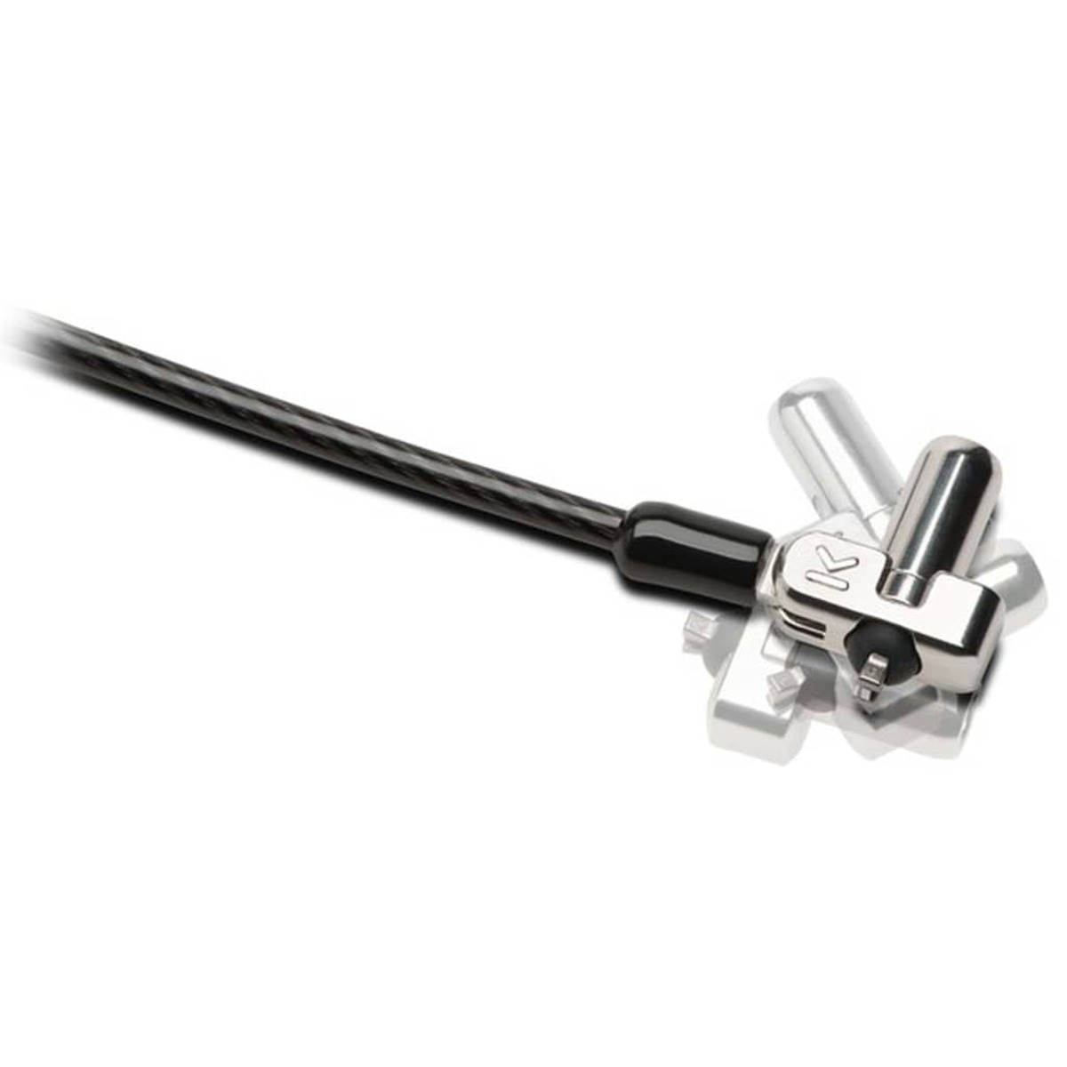 Ein schwarzes Sicherheitskabel mit Verriegelungsmechanismus, abgewinkelt, auf weißem Hintergrund.