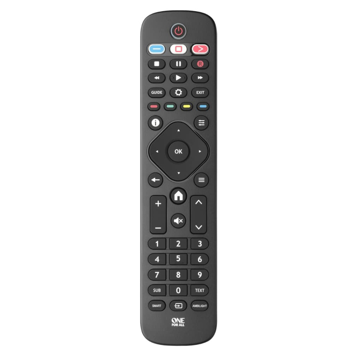 A black remote control with many buttons. It has a power button, a guide button, and number keys.