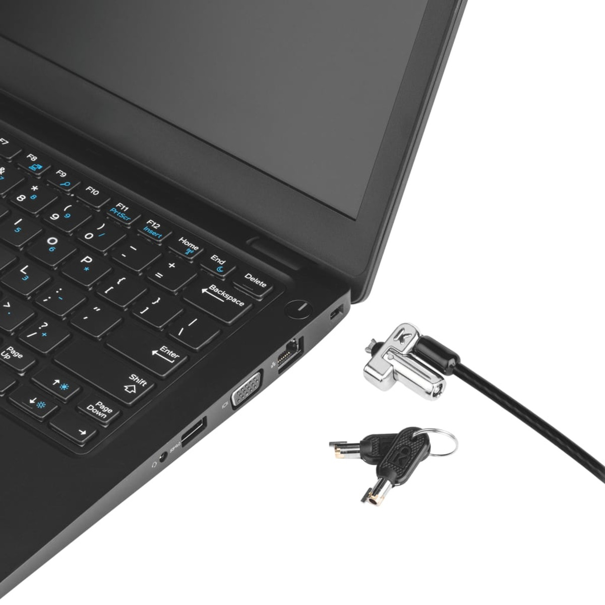 Schwarzer Laptop mit Sicherheitskabel und Schlüsseln. Nahaufnahme der Tastatur.