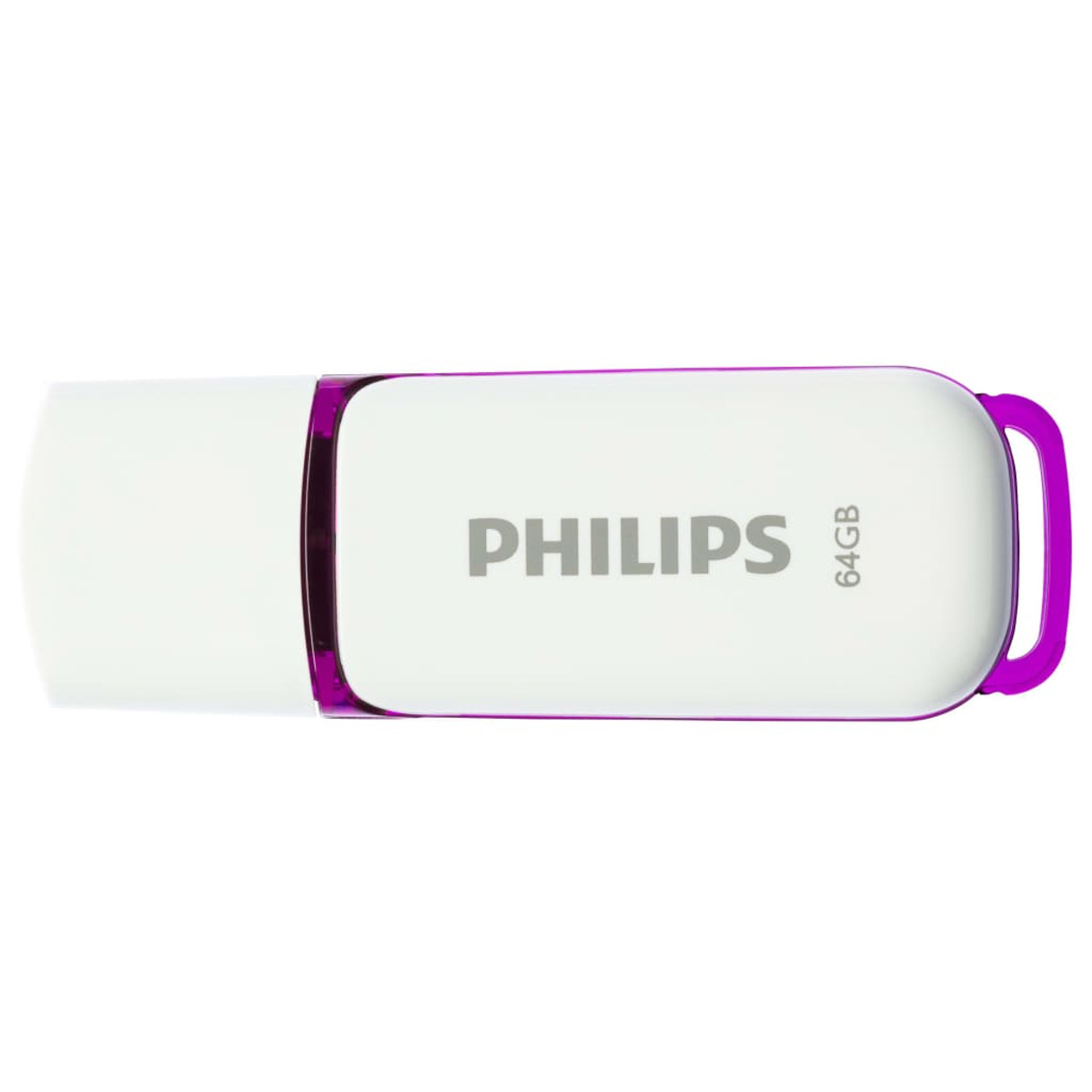 Biały i fioletowy pendrive USB z logo Philips i pojemnością 64 GB.