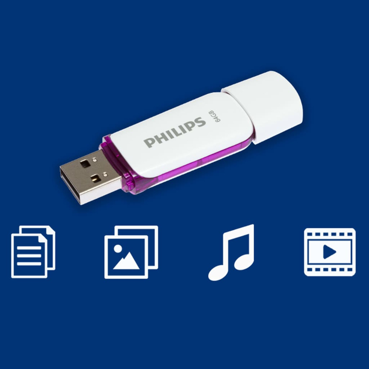 Biało-fioletowy pendrive USB z ikonami plików, obrazów, muzyki i wideo.