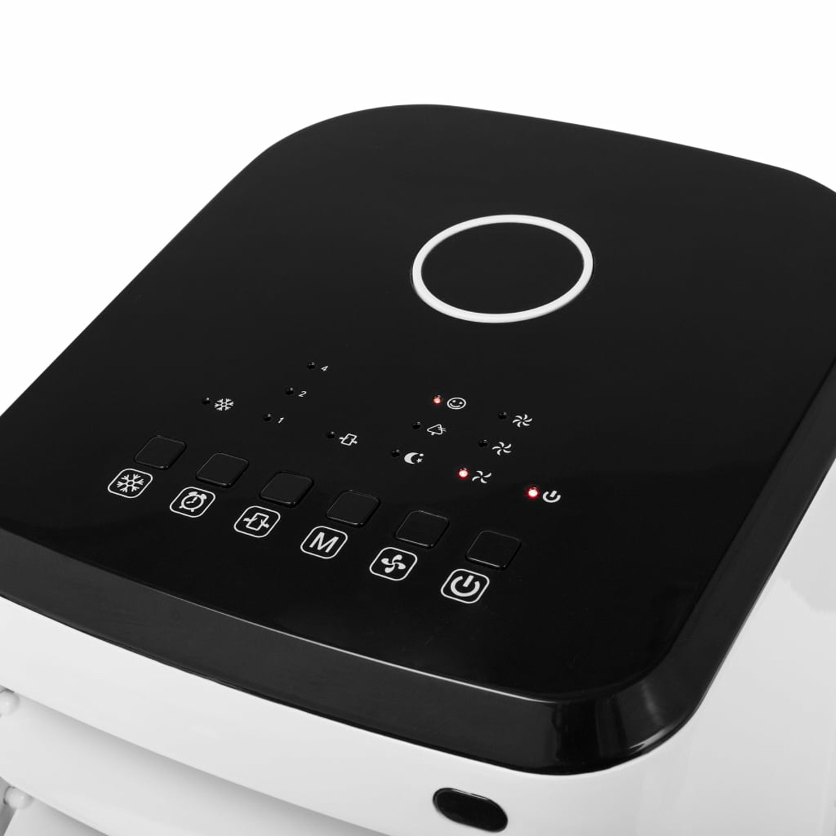 Zbliżenie panelu sterowania na białym i czarnym urządzeniu. Posiada przyciski i światła.