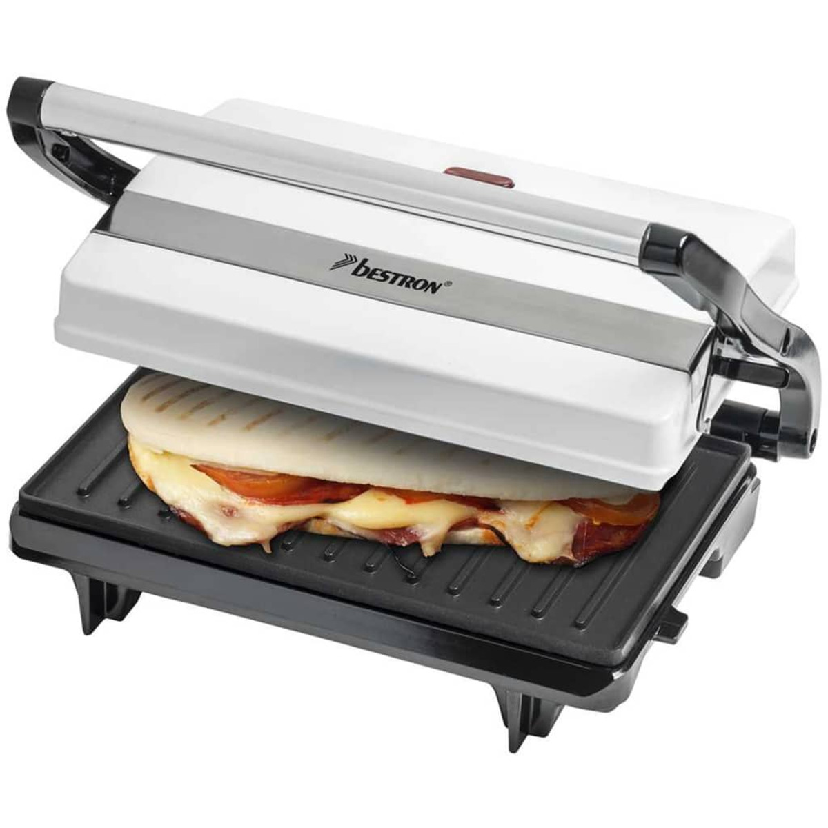 Weißer und silberner Panini-Grill mit Sandwich, auf schwarzer Oberfläche.