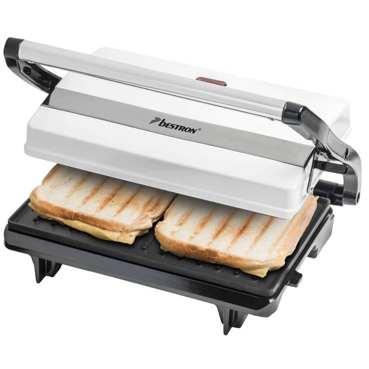 Ein weißer Sandwich-Toaster mit zwei gegrillten Sandwiches.