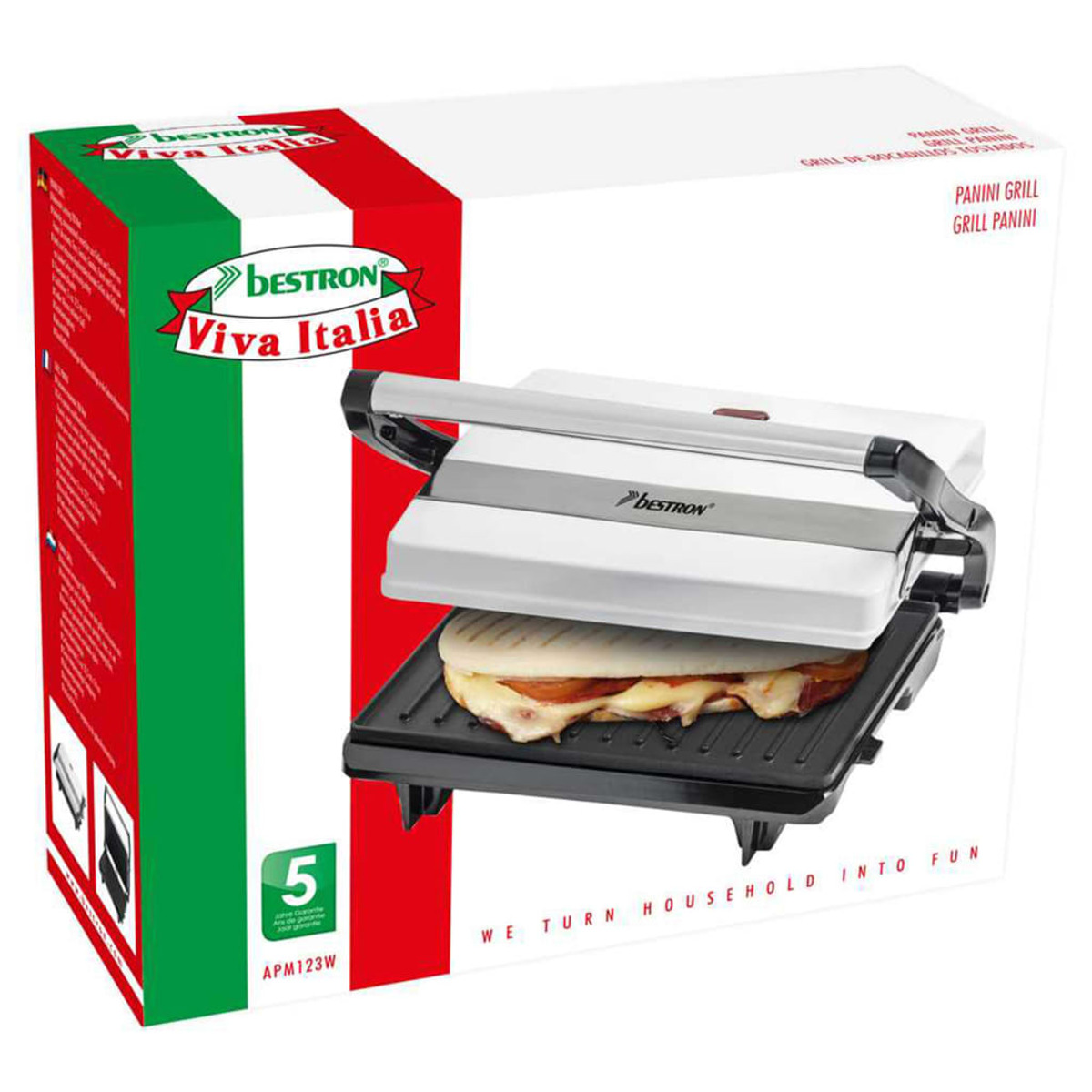 Eine Panini-Grillbox auf weißem Hintergrund. Der Panini-Grill ist silber und schwarz.